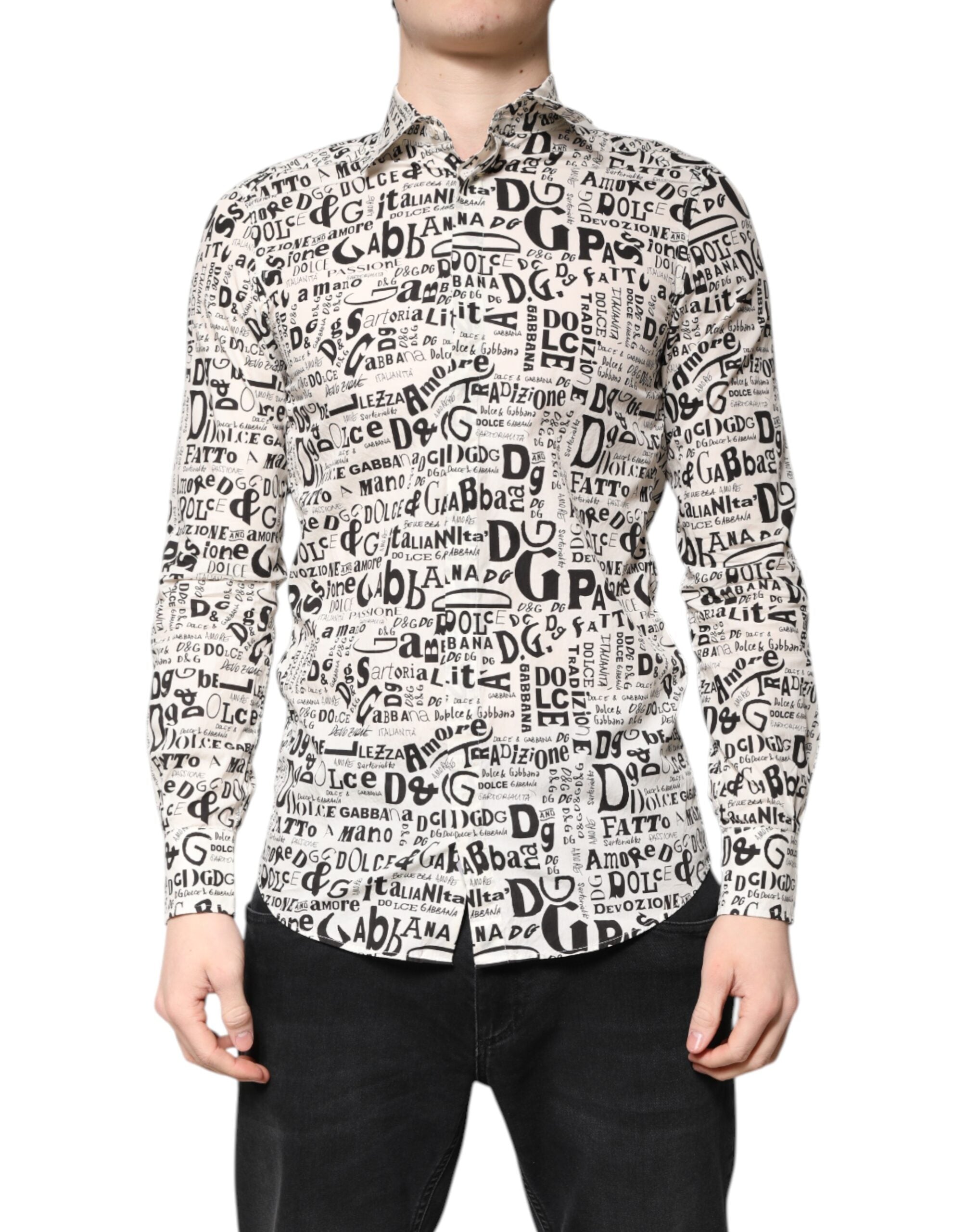 Dolce & Gabbana White Black Logo MARTINI Men Casual Men's Shirt (Pre-Owned)