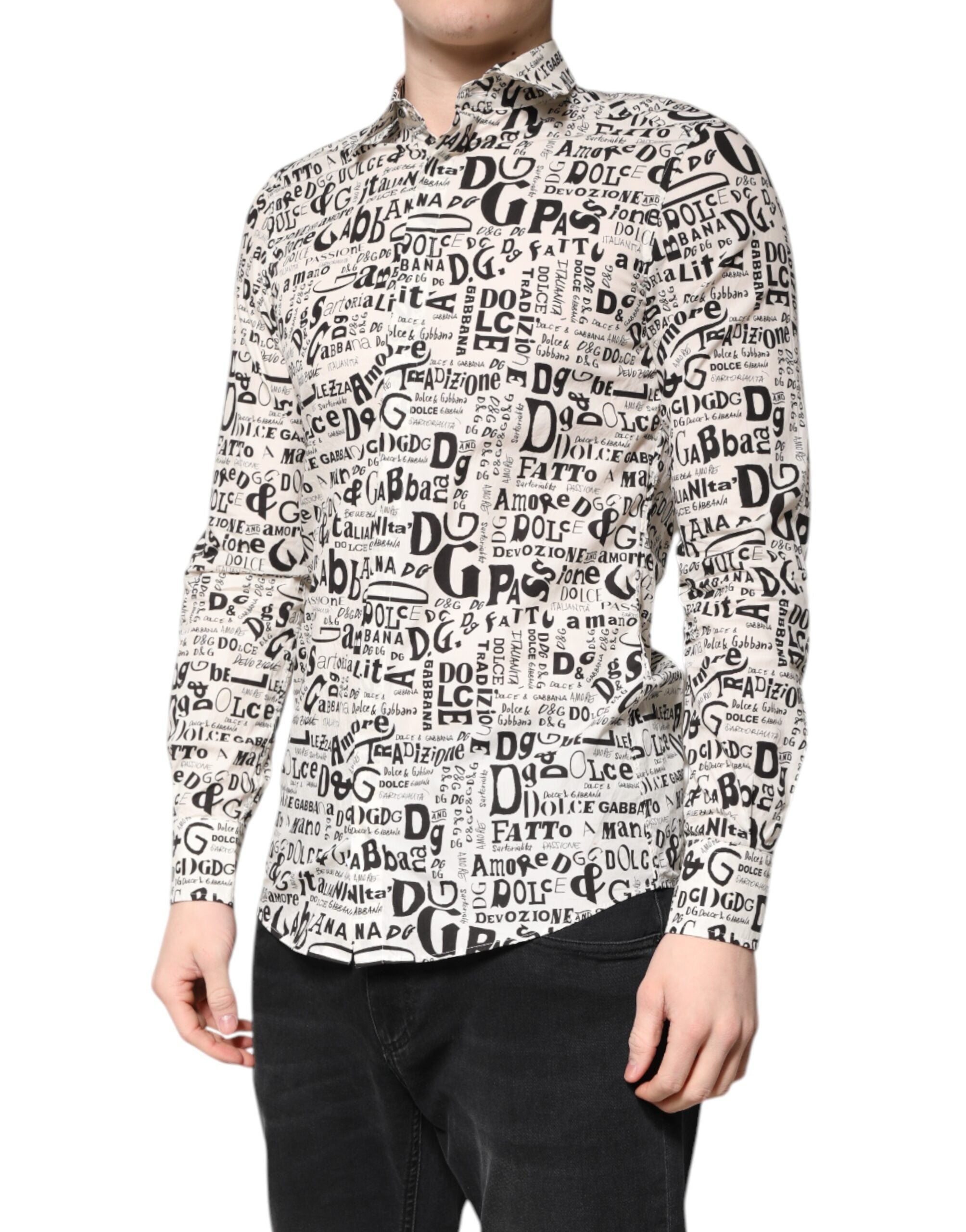 Dolce & Gabbana White Black Logo MARTINI Men Casual Men's Shirt (Pre-Owned)