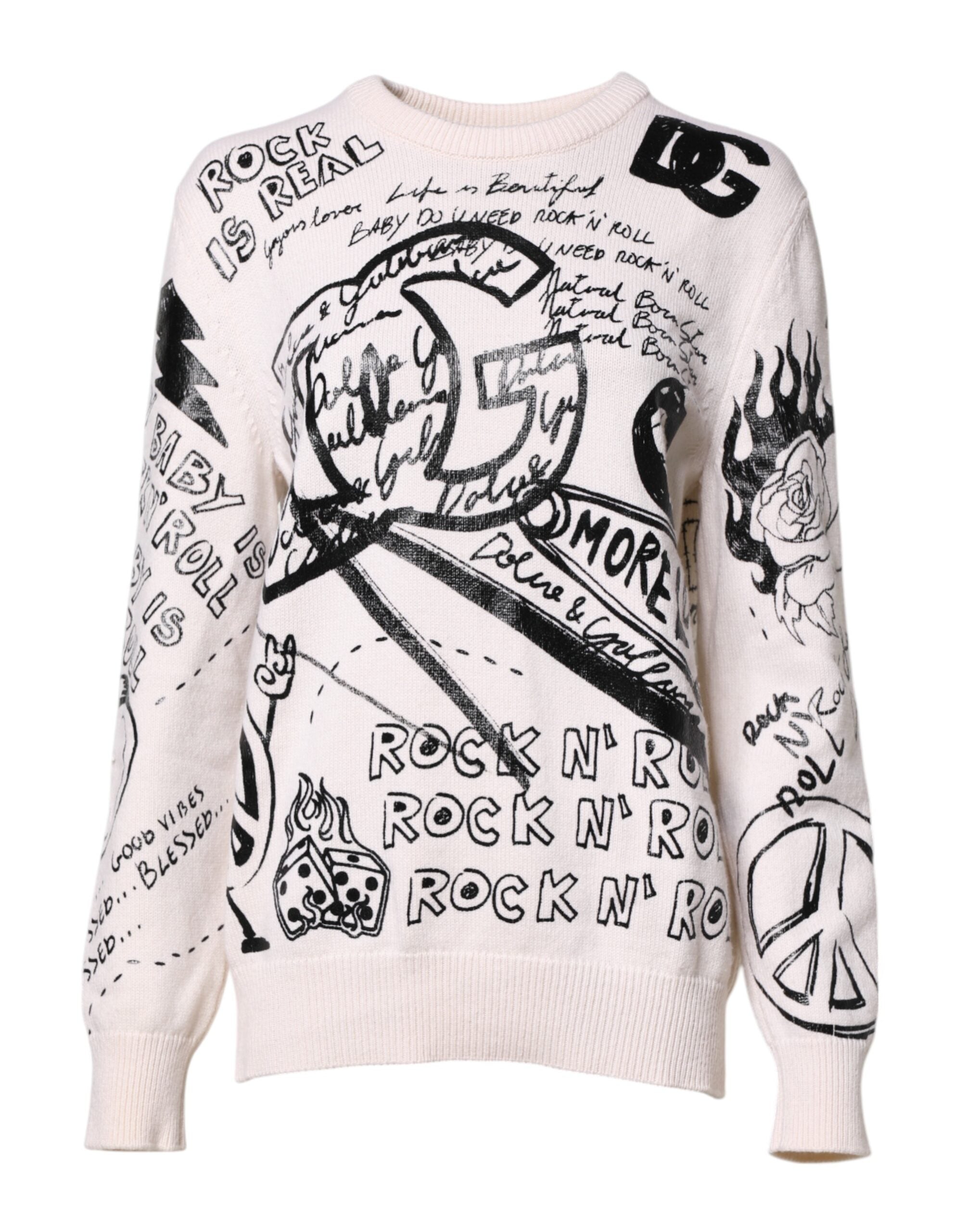 Dolce & Gabbana White Black Logo Print Women Pullover Women's Sweater (Pre-Owned)