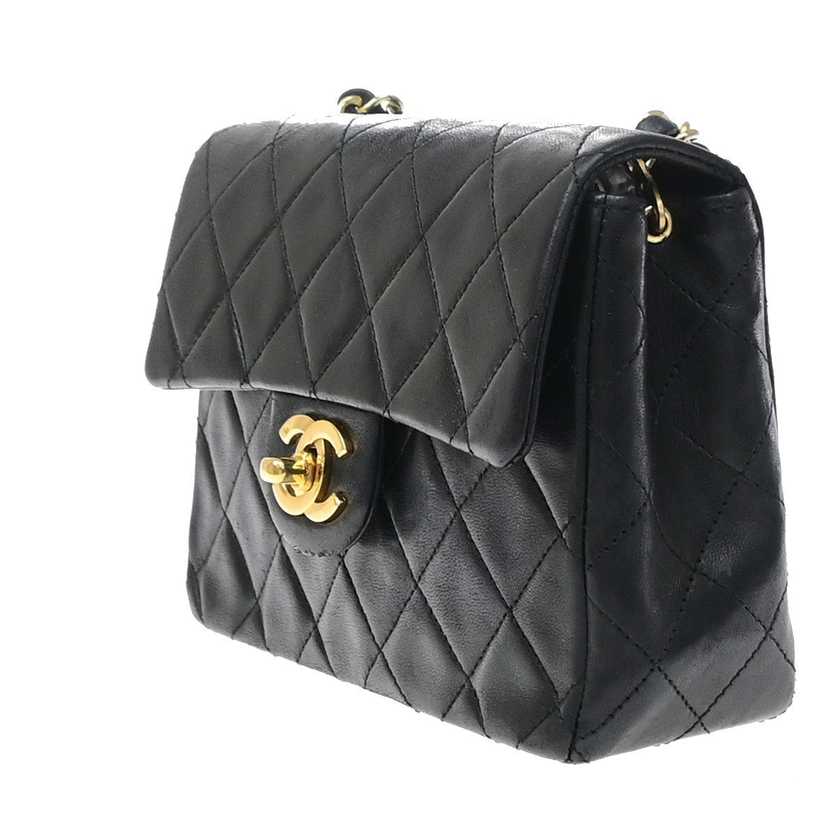 Chanel Vintage Square Classic Flap Quilted Lambskin Black Leather Shoulder Bag Bag (Pre-Owned)