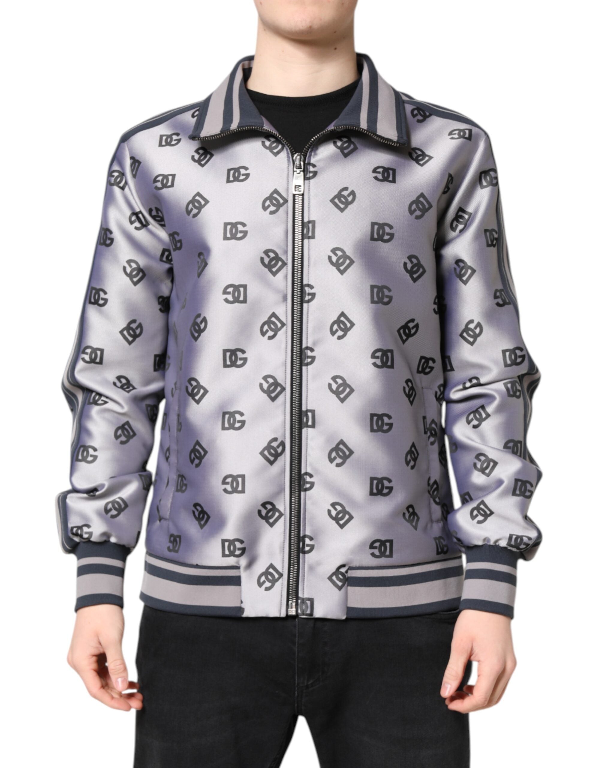 Dolce & Gabbana Gray Logo Monogram Full Zip Bomber Men's Jacket