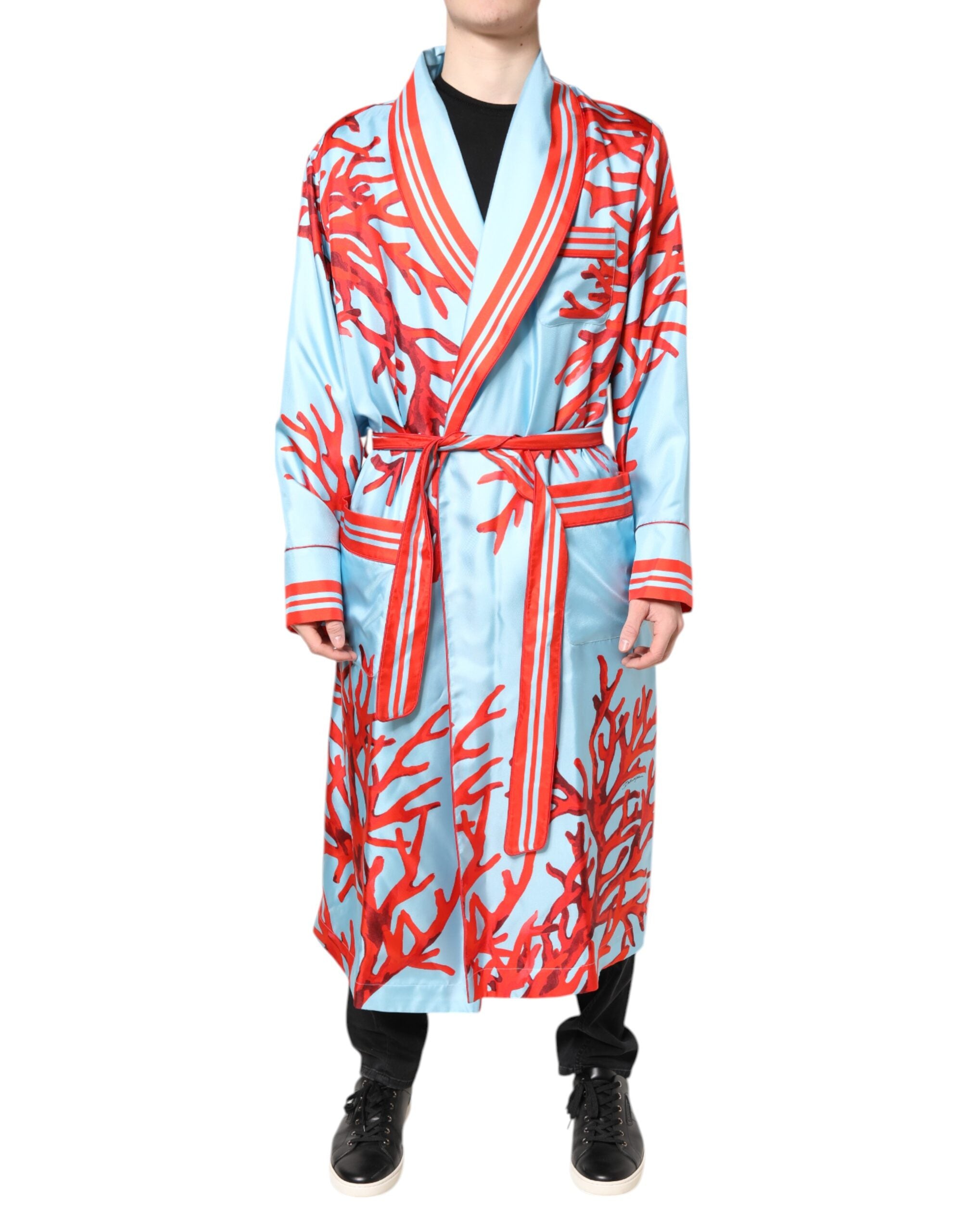 Dolce & Gabbana Blue Red Coral Print Wrap Robe Coat Men's Jacket (Pre-Owned)