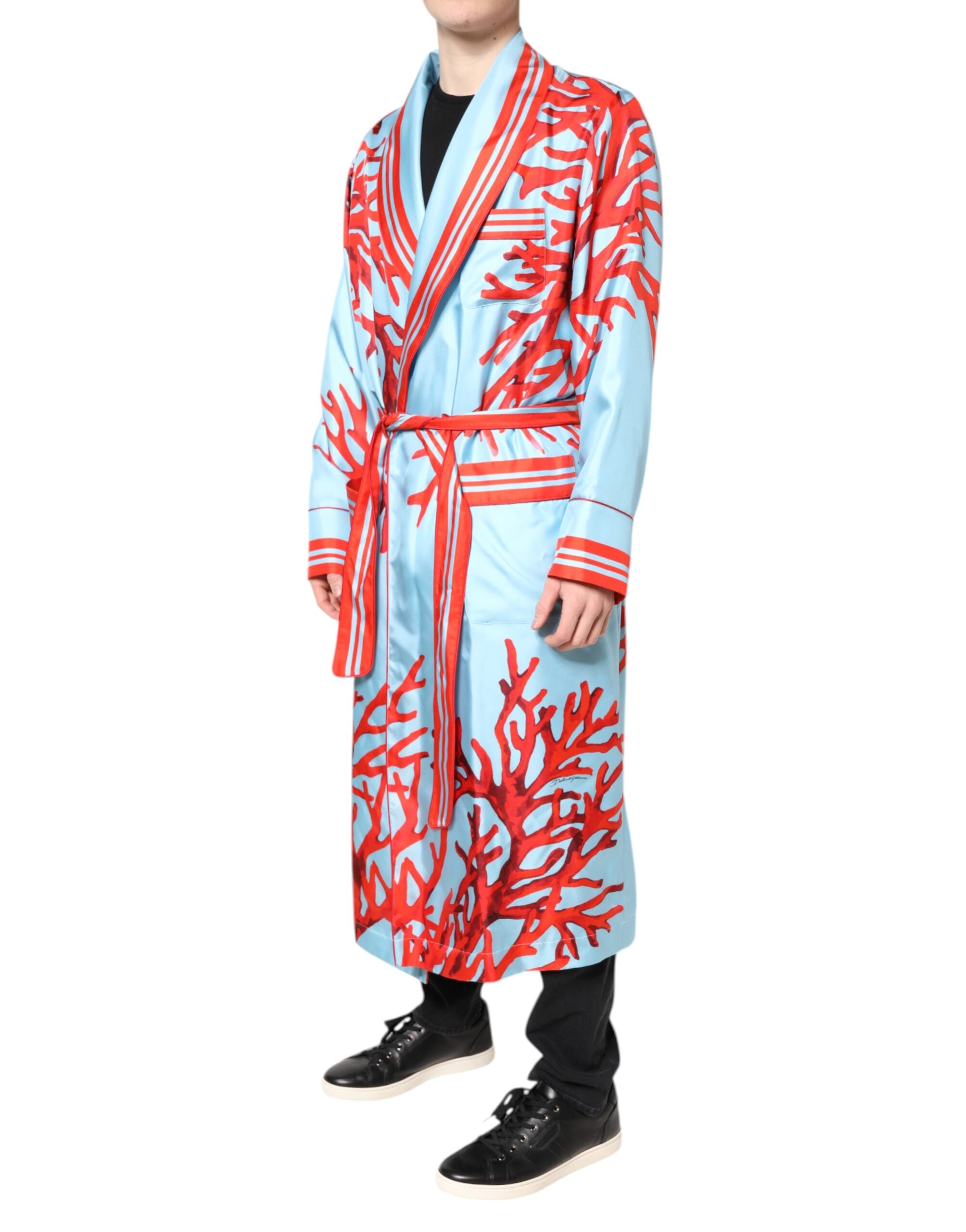 Dolce & Gabbana Blue Red Coral Print Wrap Robe Coat Men's Jacket (Pre-Owned)