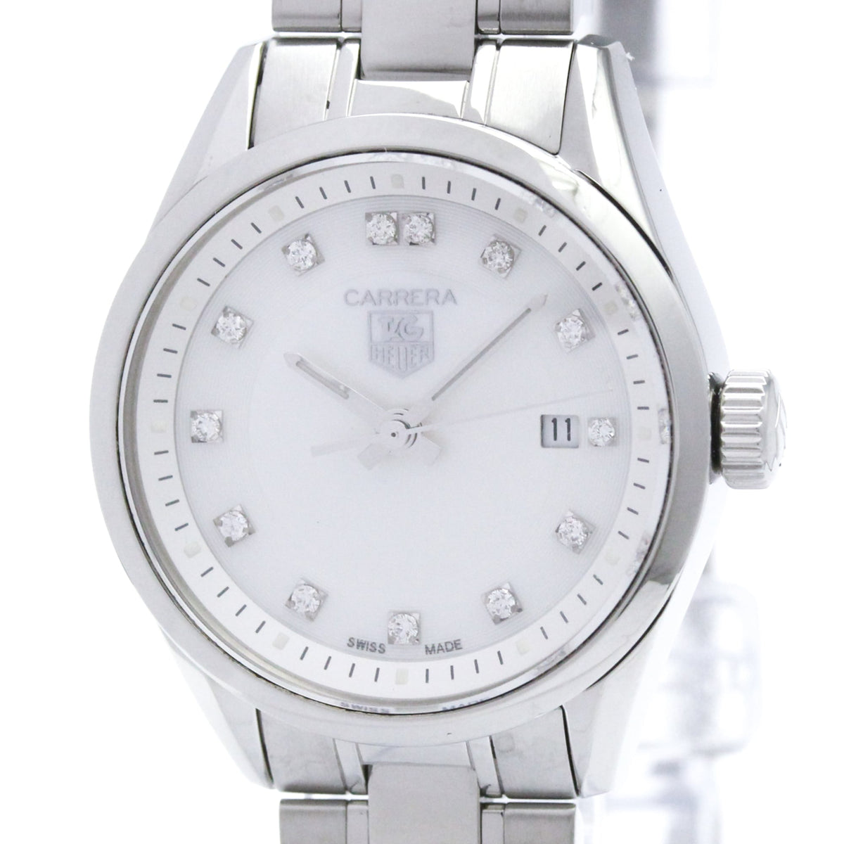 Tag Heuer Carrera Quartz Stainless Steel With Mother Of Pearl And Diamonds Markers Watch (Pre-Owned)