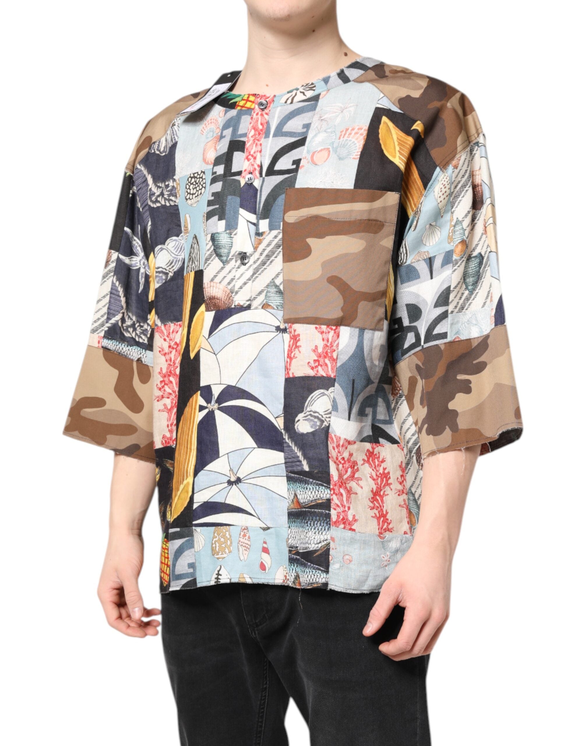 Dolce & Gabbana Multicolor Patchwork Short Sleeves Men's Shirt