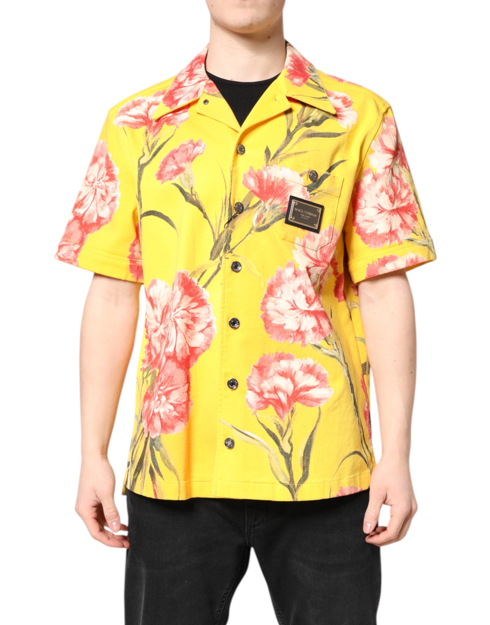 Dolce & Gabbana Yellow Floral Men Button Down Casual Men's Shirt