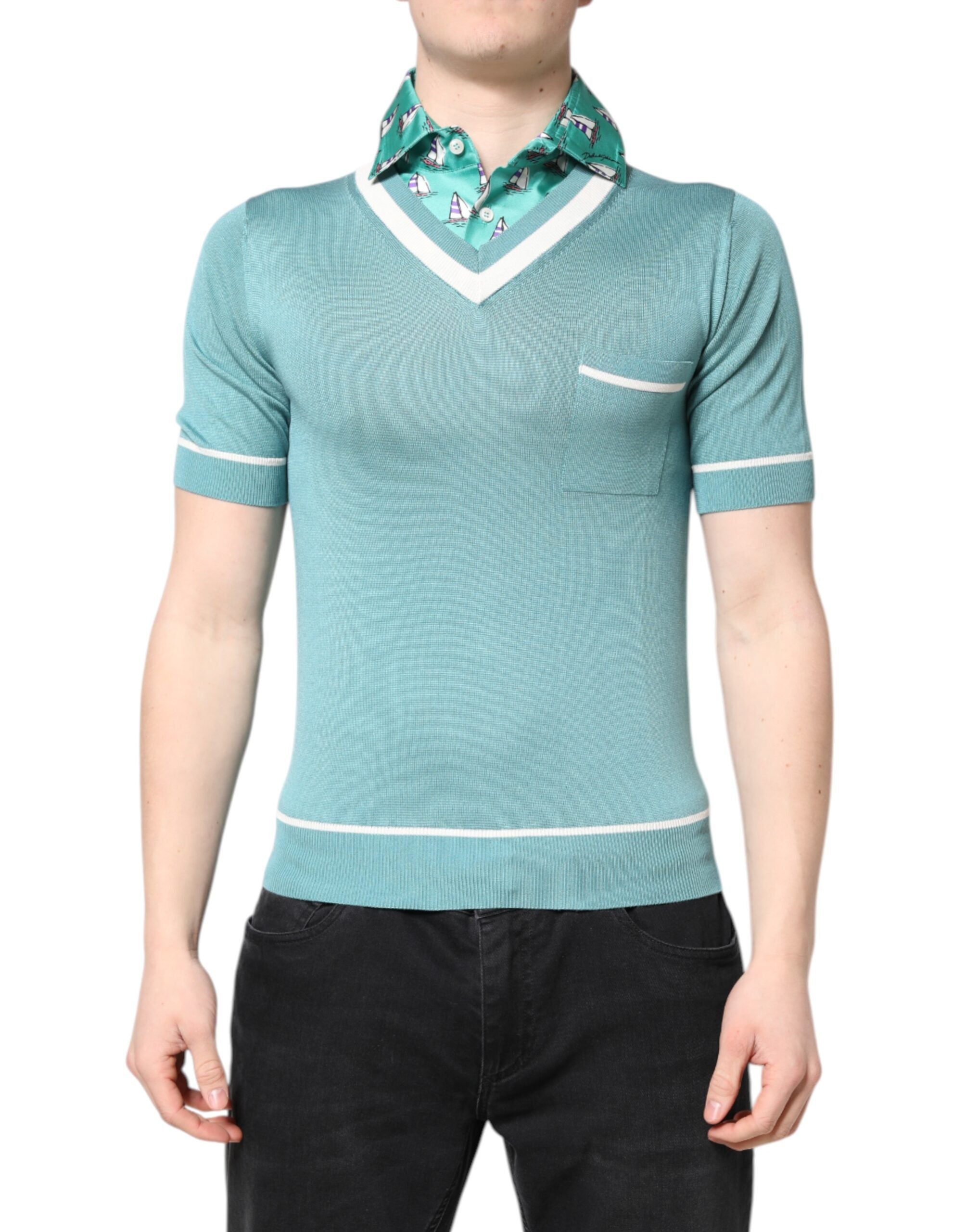 Dolce & Gabbana Green Printed Collared Short Sleeve Men's T-shirt