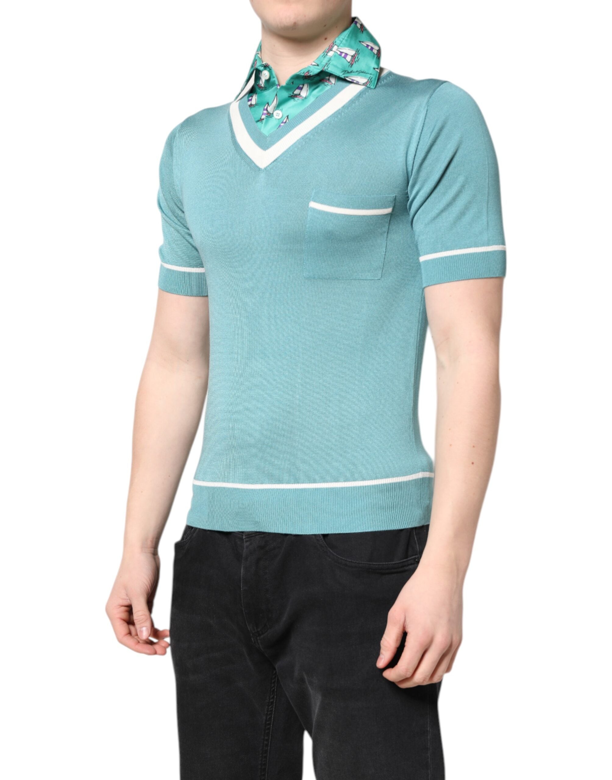 Dolce & Gabbana Green Printed Collared Short Sleeve Men's T-shirt