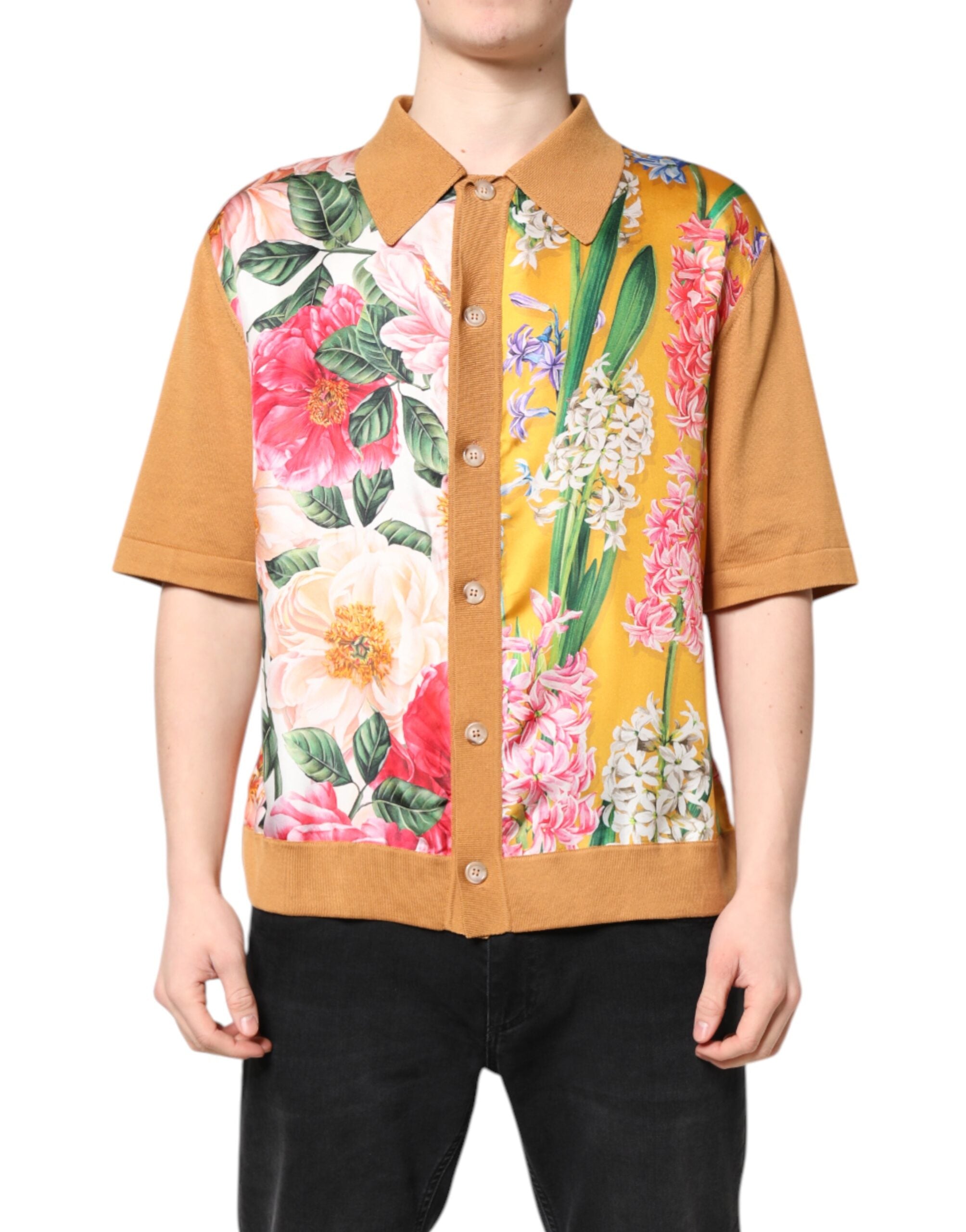 Dolce & Gabbana Brown Floral Collared Short Sleeve Men's T-shirt