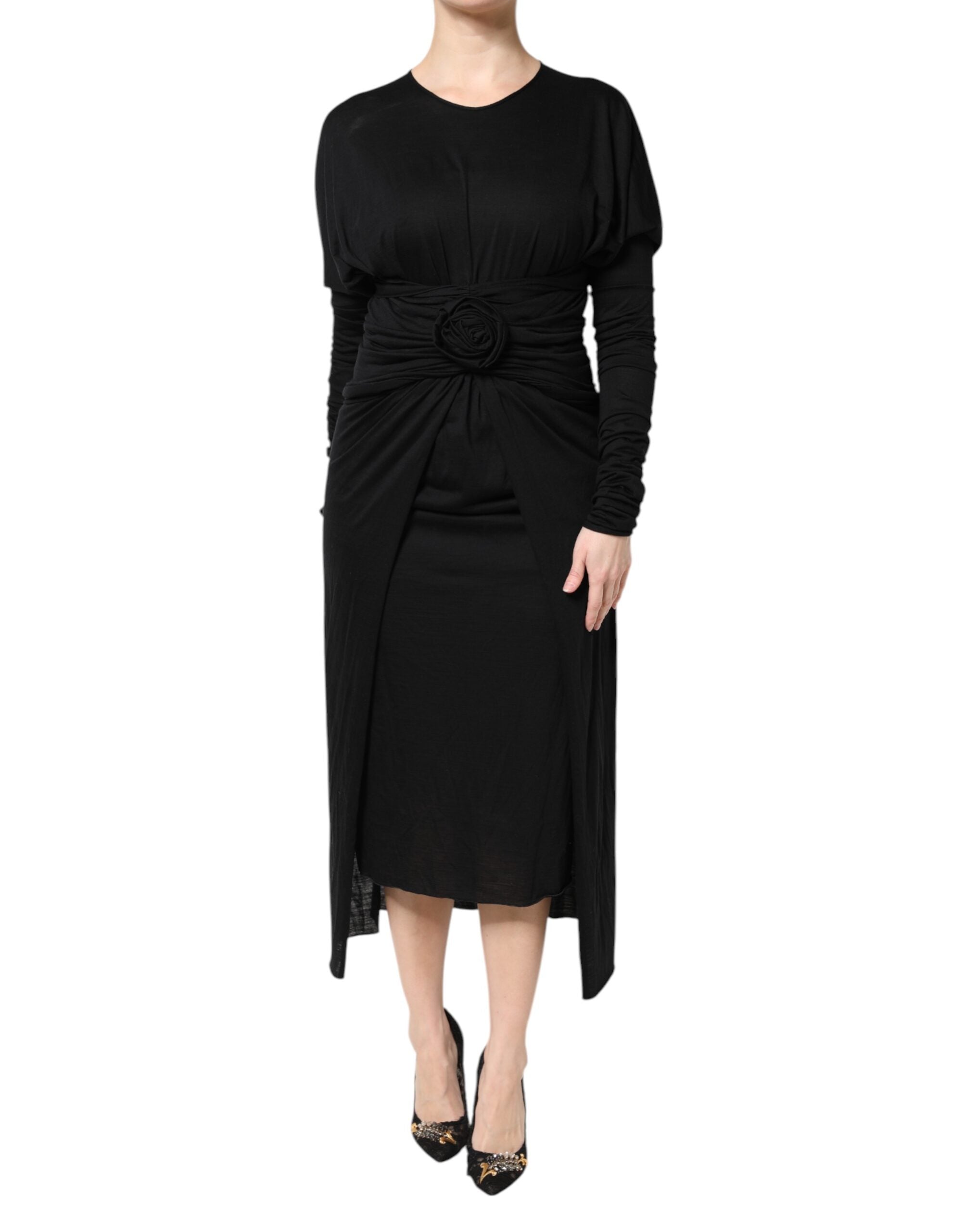 Dolce & Gabbana Black Wool Long Sleeves Sheath Midi Women's Dress