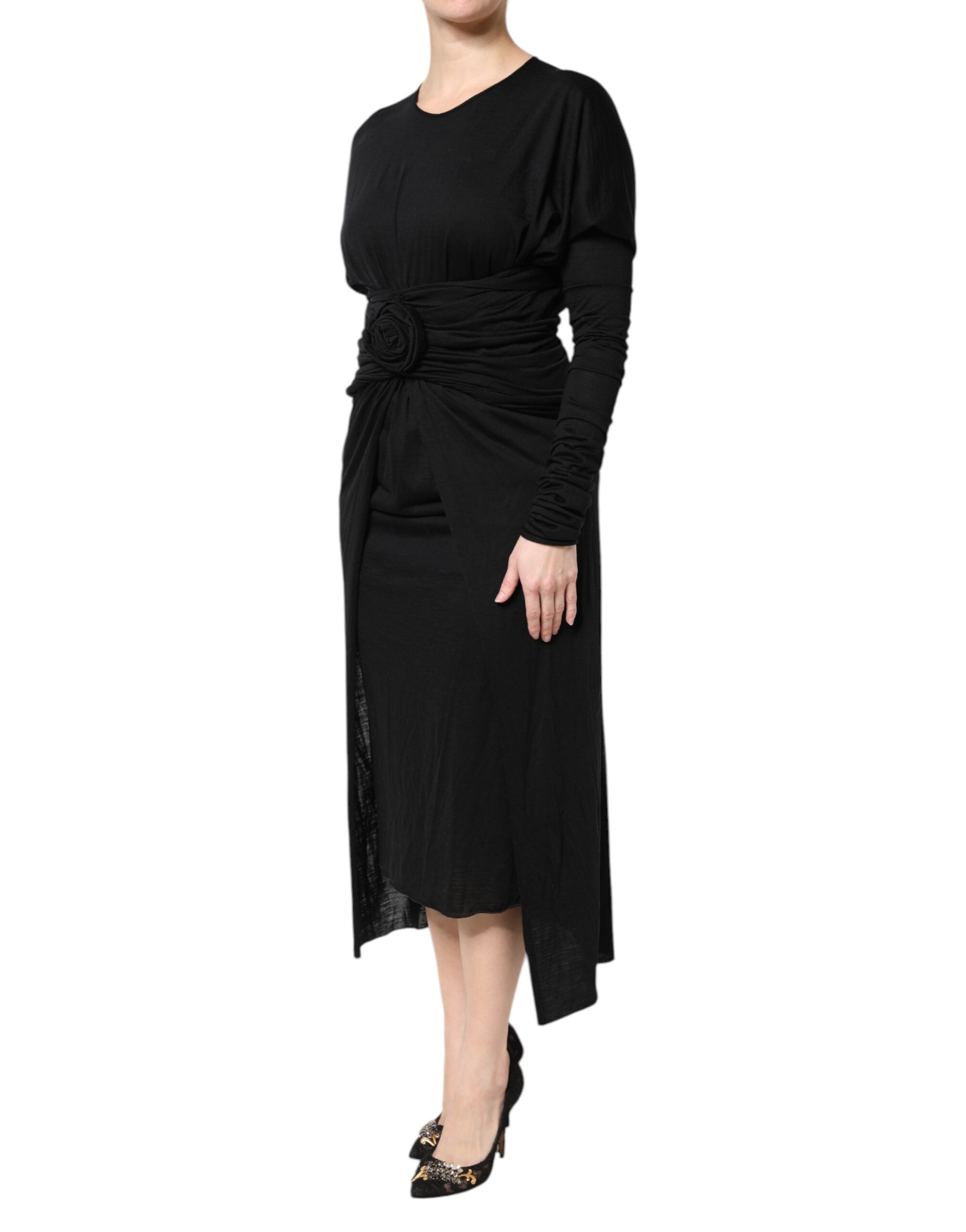 Dolce & Gabbana Black Wool Long Sleeves Sheath Midi Women's Dress
