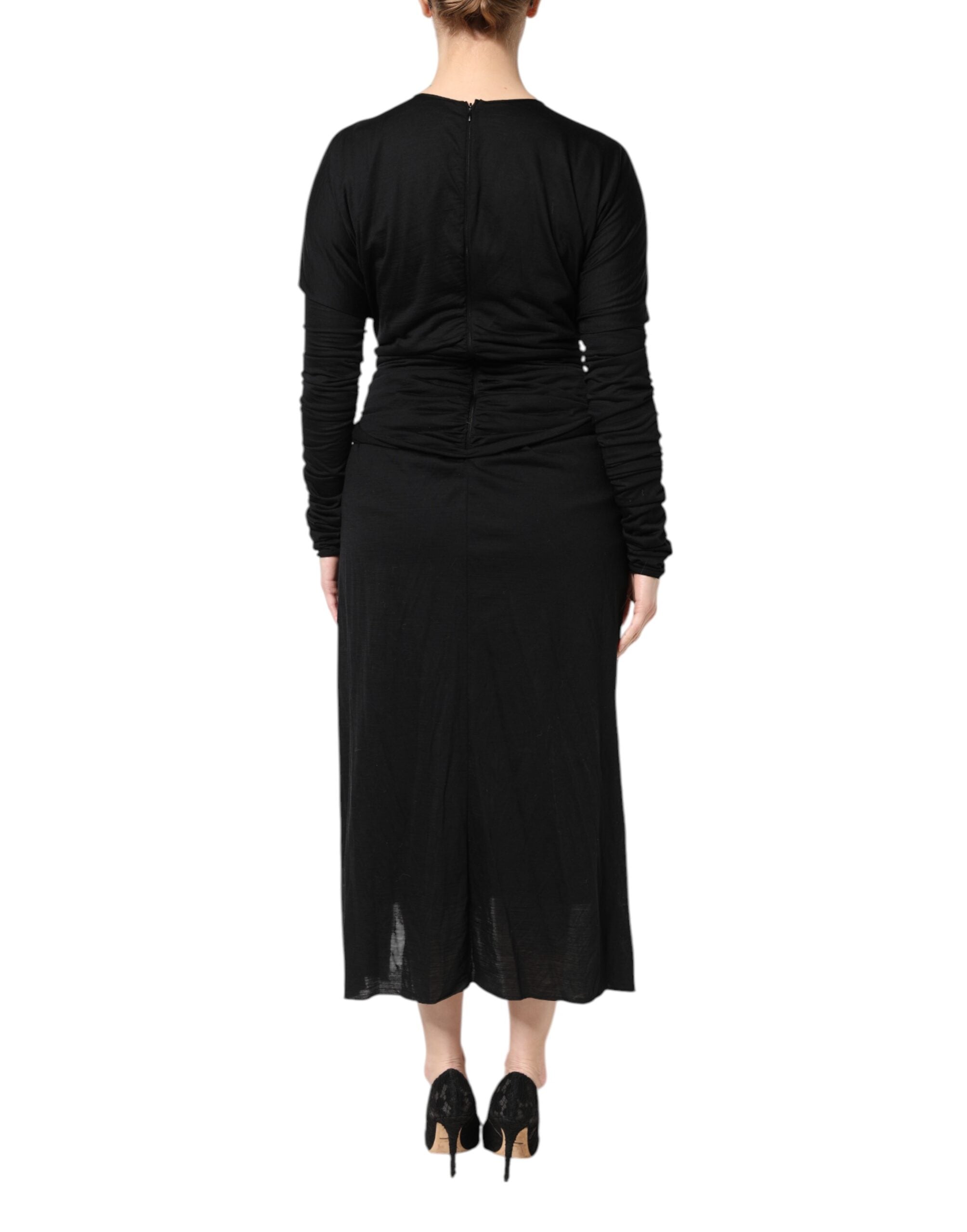 Dolce & Gabbana Black Wool Long Sleeves Sheath Midi Women's Dress