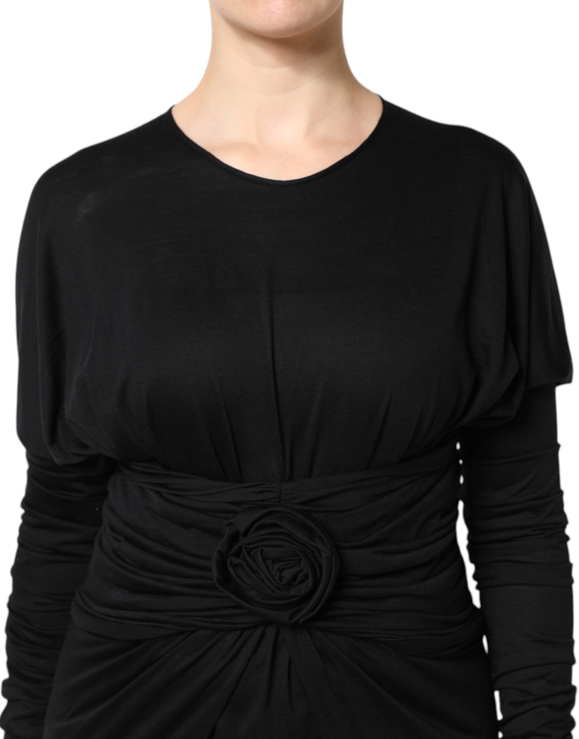 Dolce & Gabbana Black Wool Long Sleeves Sheath Midi Women's Dress