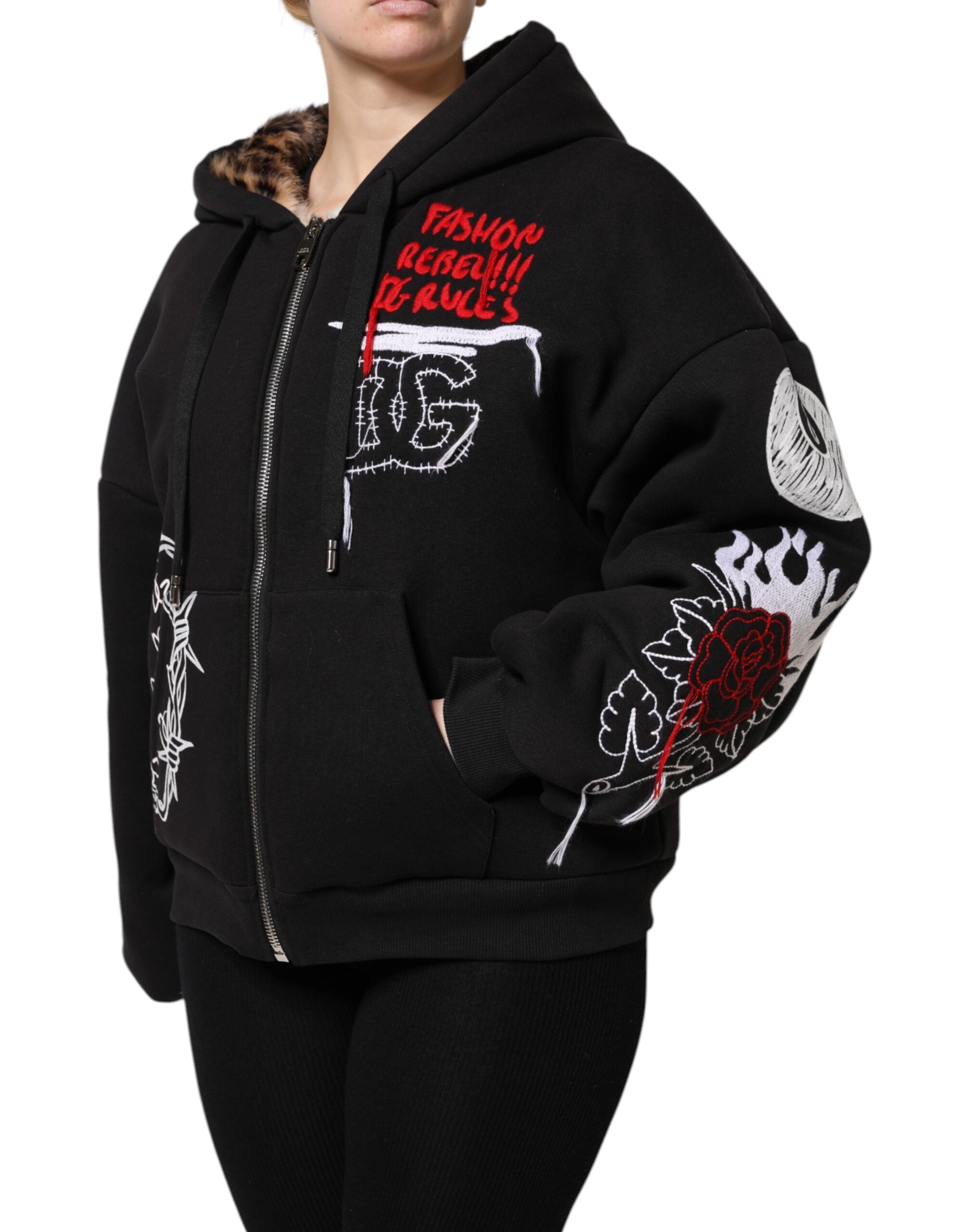 Dolce & Gabbana Black Embroidered Full Zip Hooded Women's Jacket