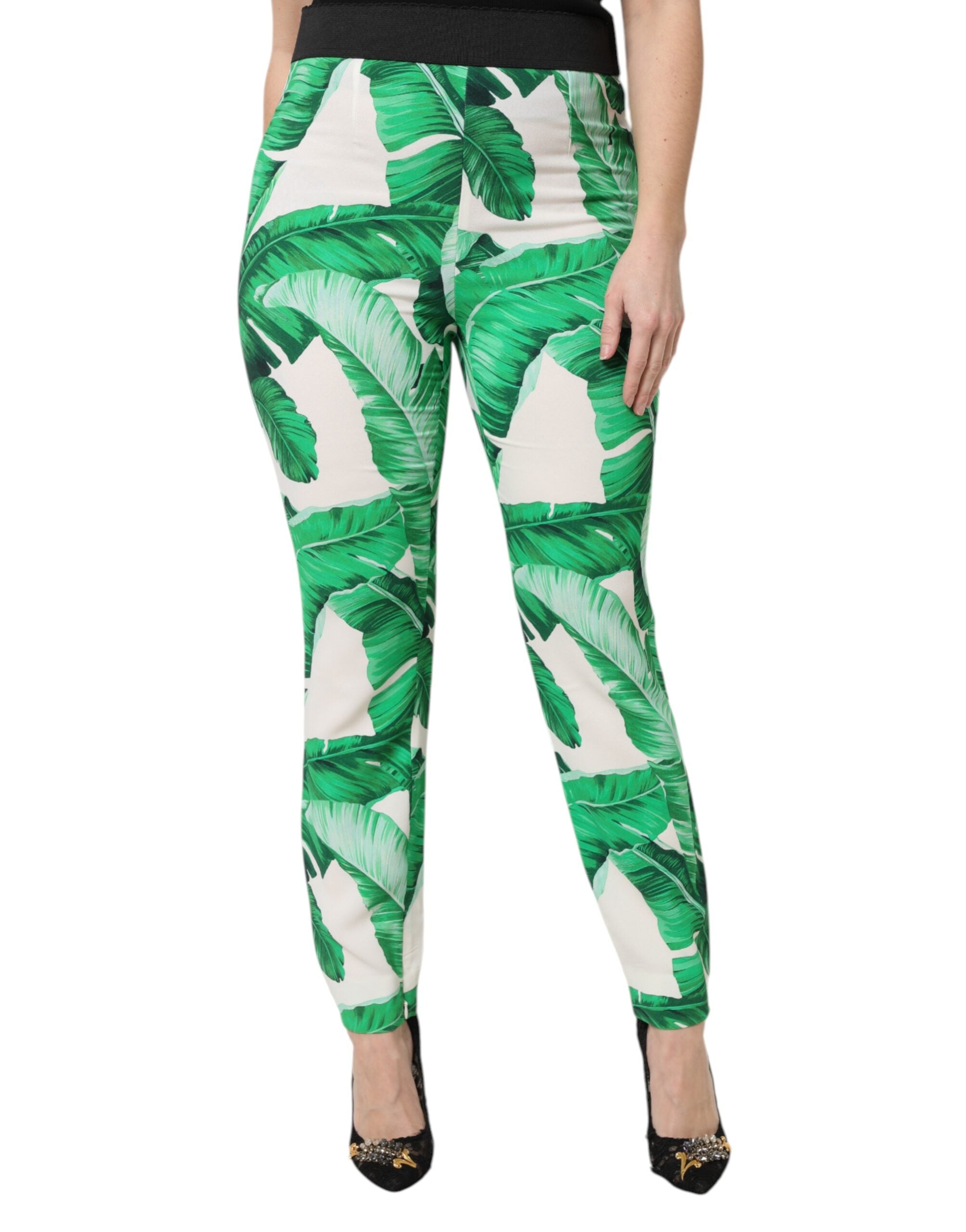 Dolce & Gabbana White Green Leaf High Waist Women's Pants