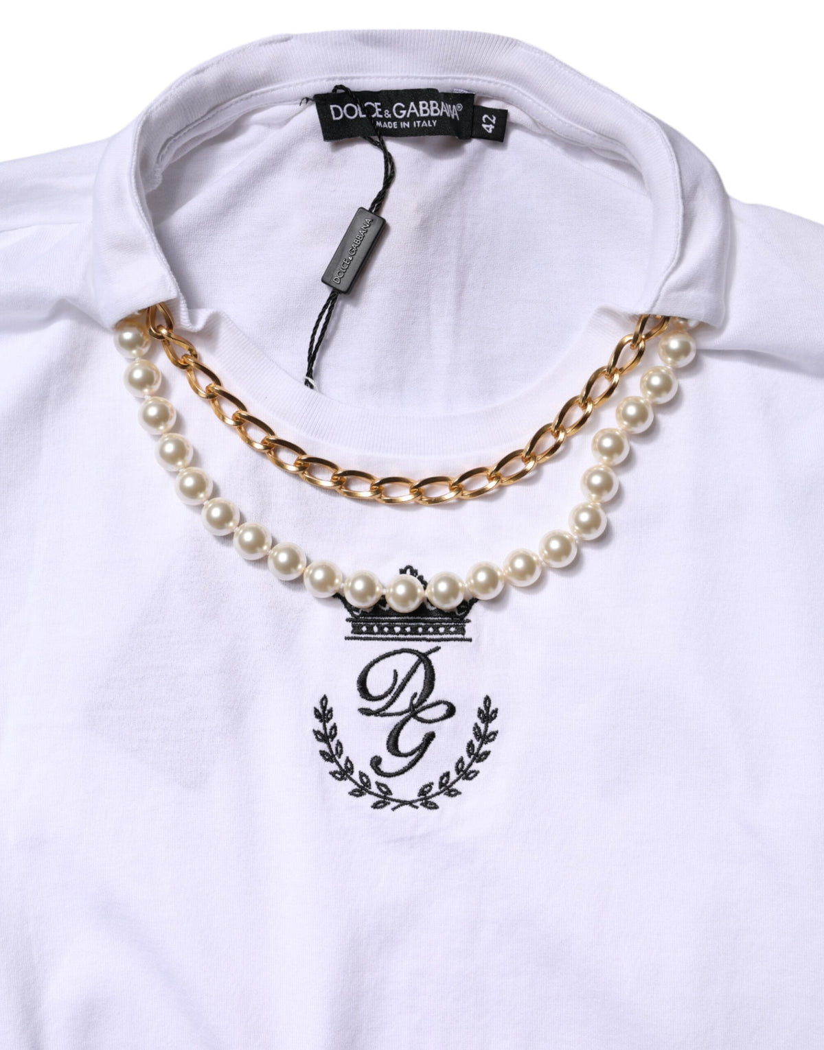 Dolce & Gabbana White Chain Pearl Cotton Round Neck Women's T-shirt