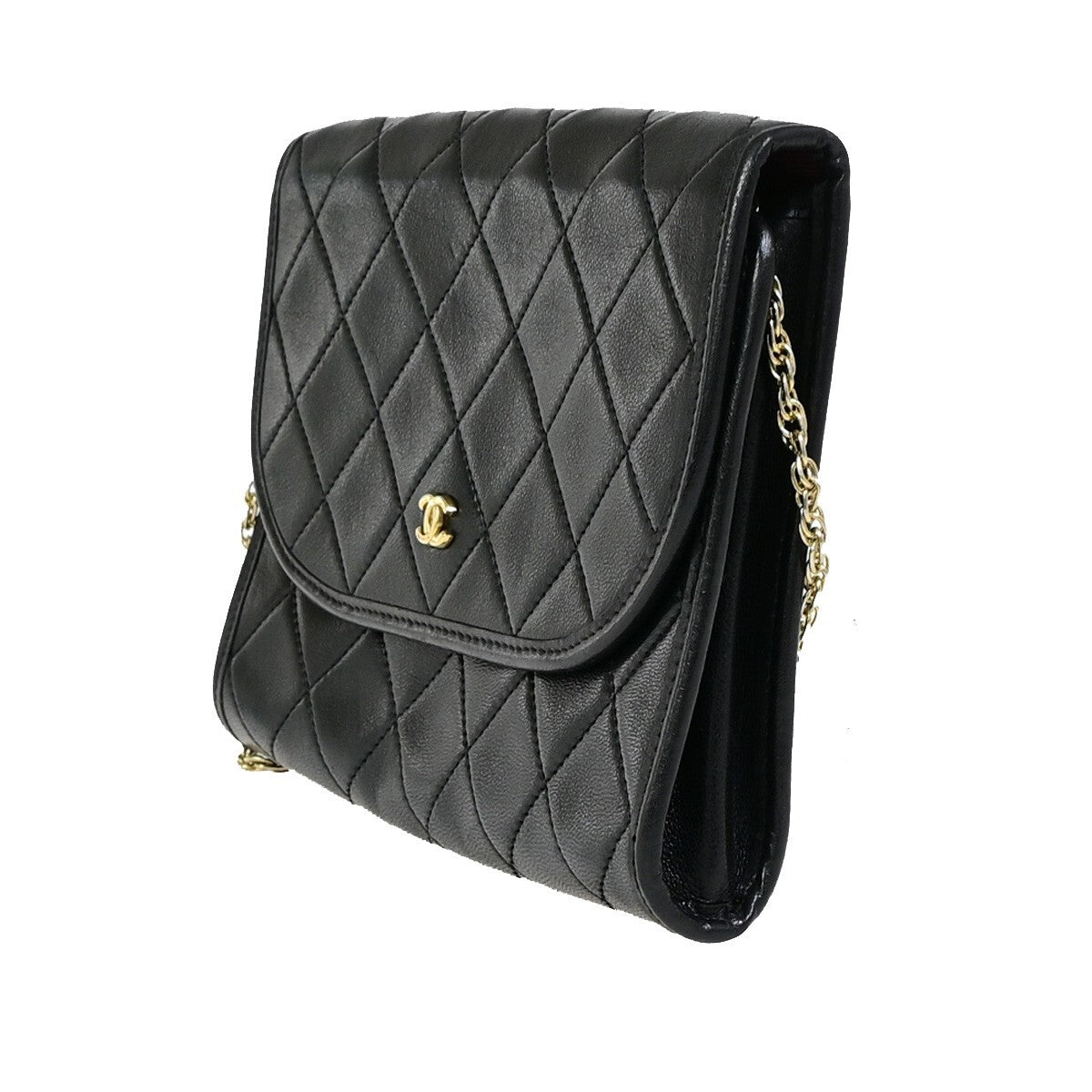 Chanel Vintage Round Flap Quilted Lambskin Black Leather Bag (Pre-Owned)