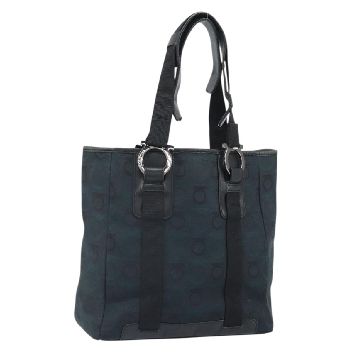 Salvatore Ferragamo Gancini Tote Canvas Navy Canvas Tote Bag Bag (Pre-Owned)