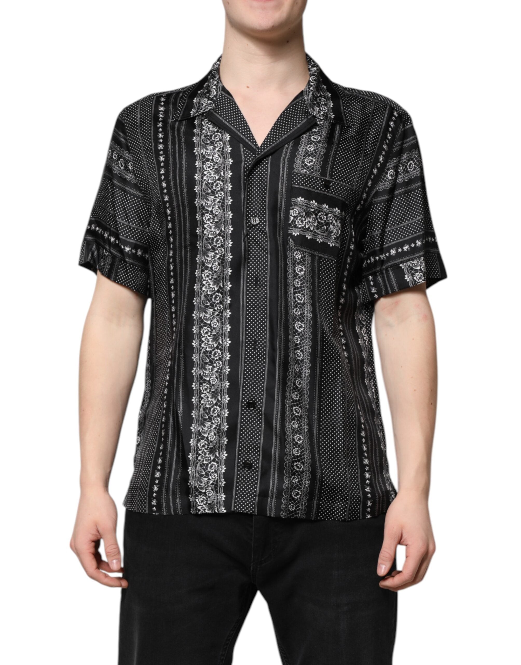 Dolce & Gabbana Black Silk Floral Print Short Sleeves Men's Shirt