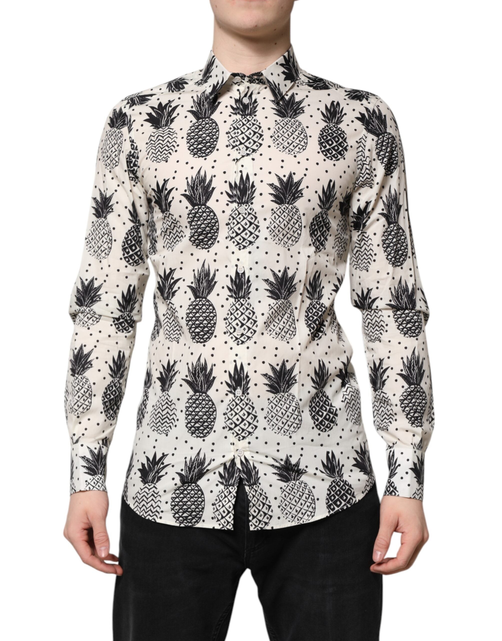Dolce & Gabbana White Pineapple Print Long Sleeve GOLD Men's Shirt