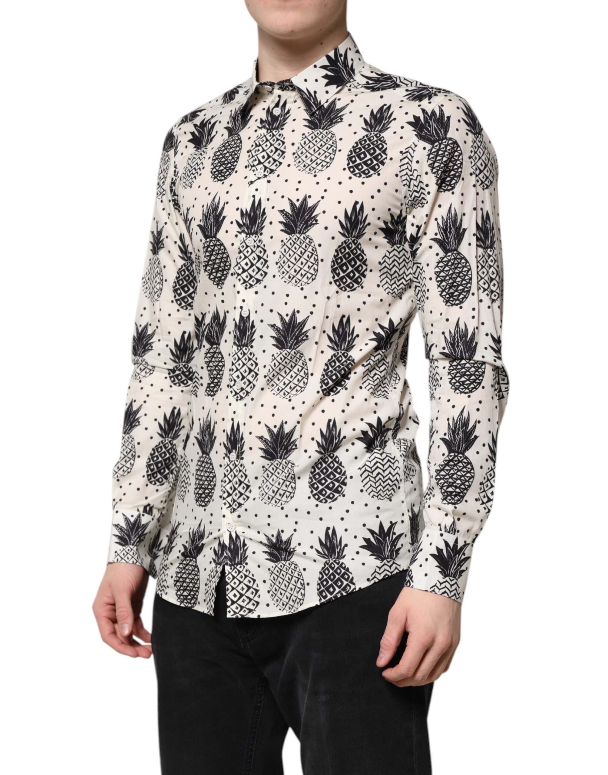 Dolce & Gabbana White Pineapple Print Long Sleeve GOLD Men's Shirt