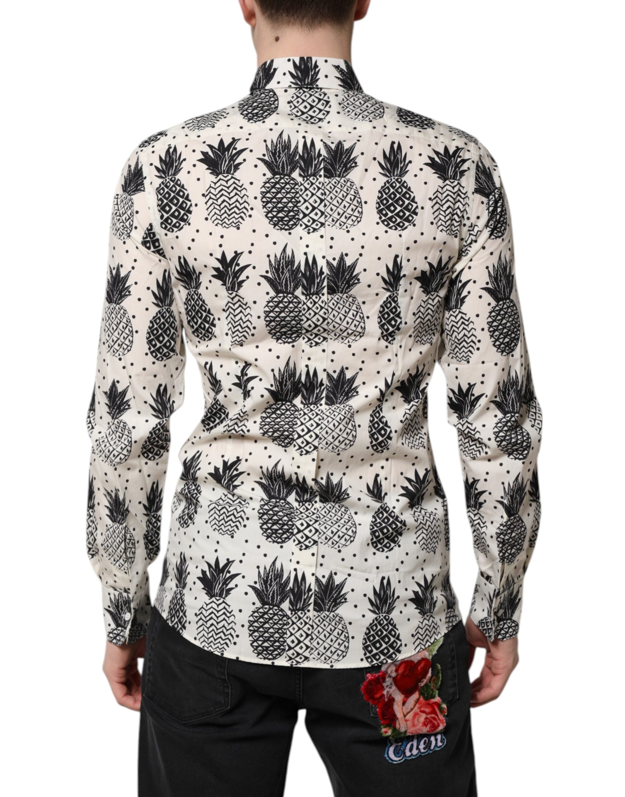 Dolce & Gabbana White Pineapple Print Long Sleeve GOLD Men's Shirt
