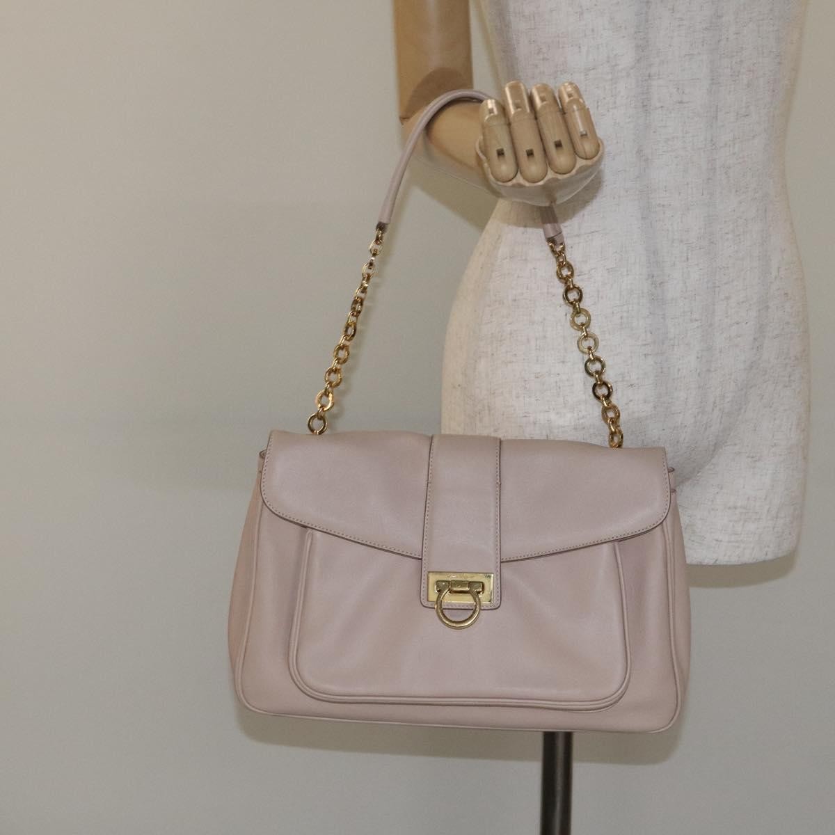 Salvatore Ferragamo Chain Gancini Jacquard With Studded Leather Beige Leather Shoulder Bag Bag (Pre-Owned)