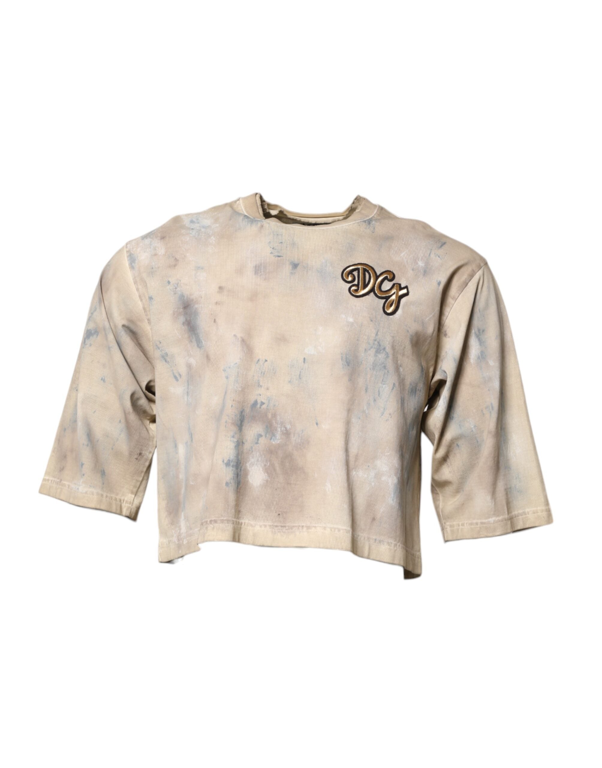 Dolce & Gabbana Beige Tie Dye DG Embroidery Cropped Men's T-shirt