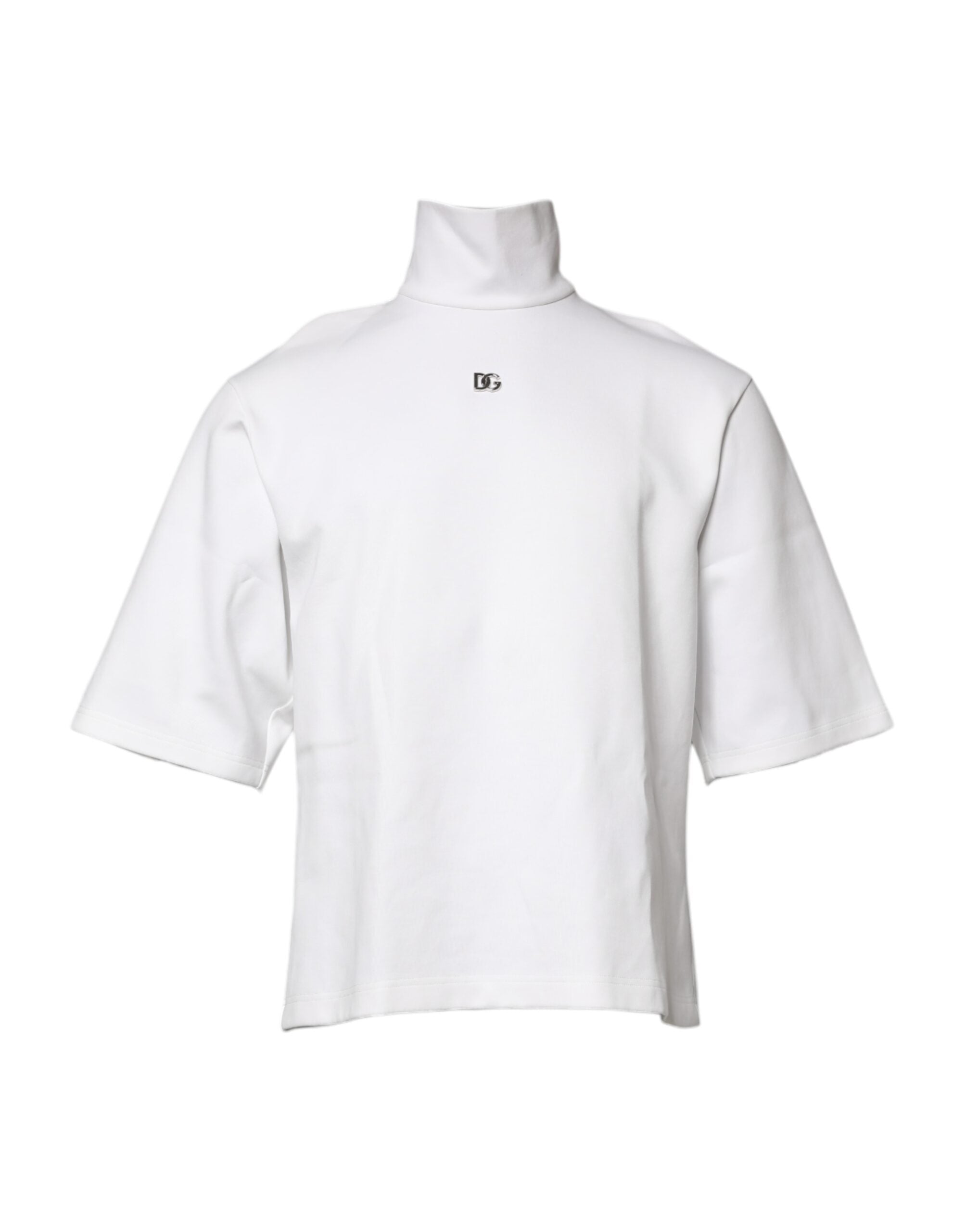 Dolce & Gabbana White Cotton Turtleneck DG Applique Men's T-shirt (Pre-Owned)