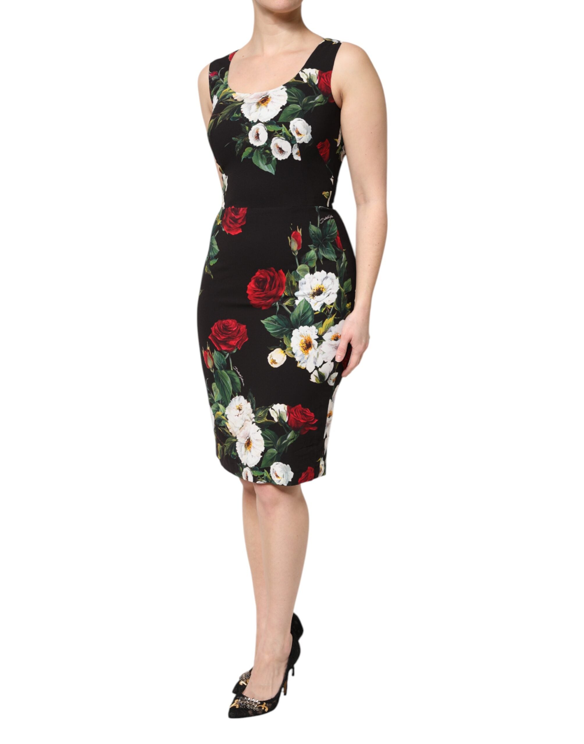 Dolce & Gabbana Black Floral Print Sleeveless Sheath Women's Dress