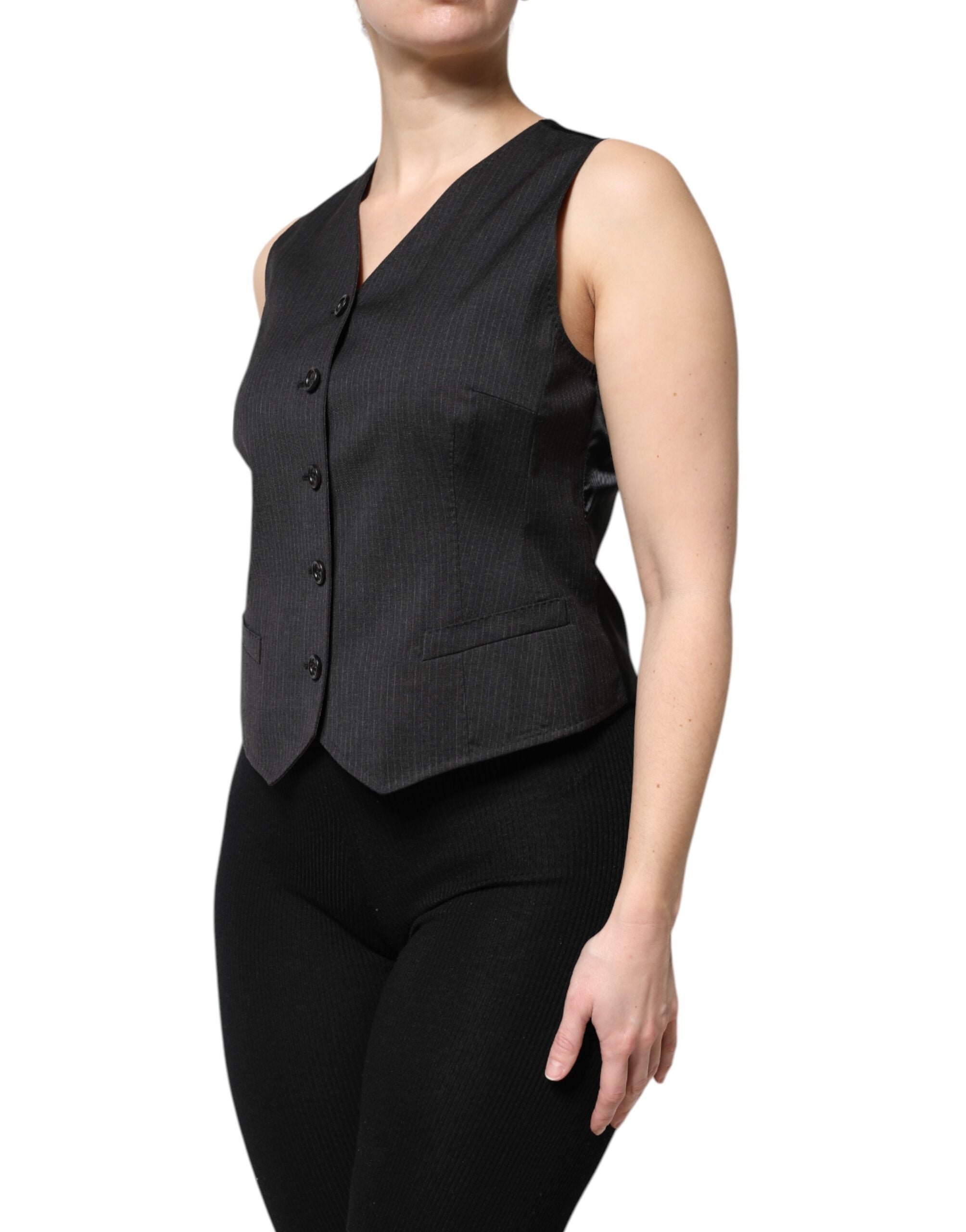 Dolce & Gabbana Black Striped Button Down Sleeveless Vest Women's Top