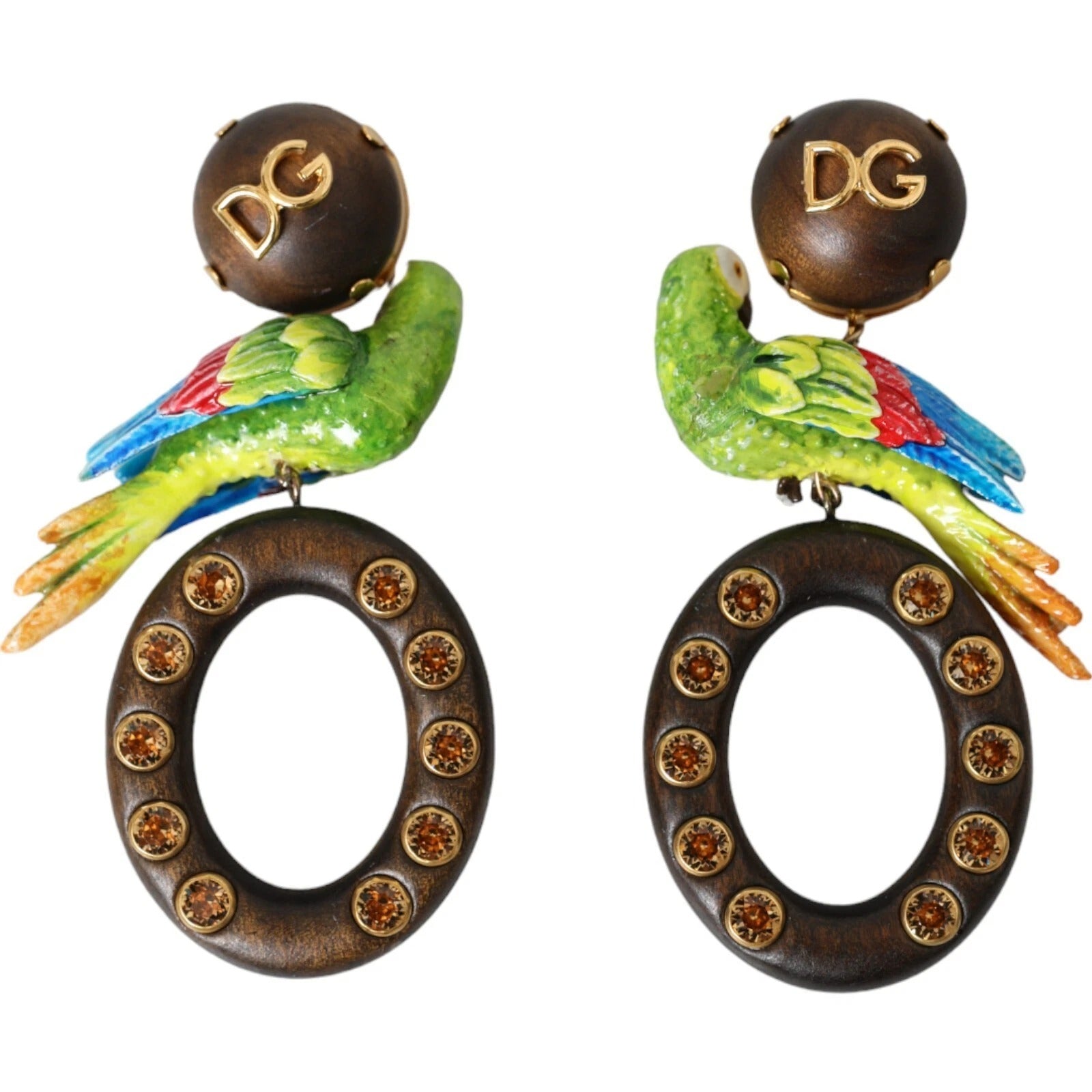 Dolce & Gabbana Multicolor Parrot Wood Brass Crystal Embellished Women's Earrings (Pre-Owned)