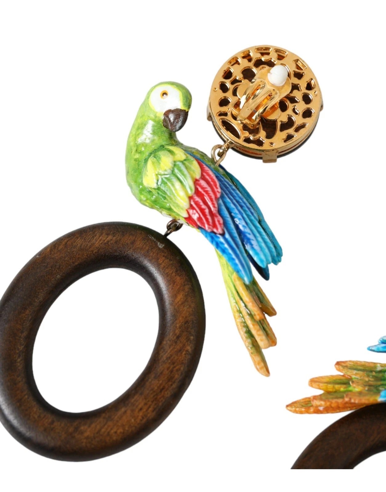 Dolce & Gabbana Multicolor Parrot Wood Brass Crystal Embellished Women's Earrings (Pre-Owned)