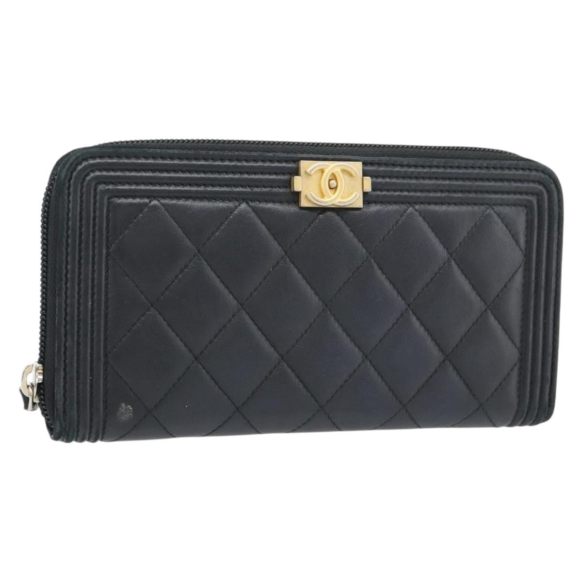 Chanel Boy Zip Around Organizer Quilted Lambskin Black Leather Wallets Accessory (Pre-Owned)