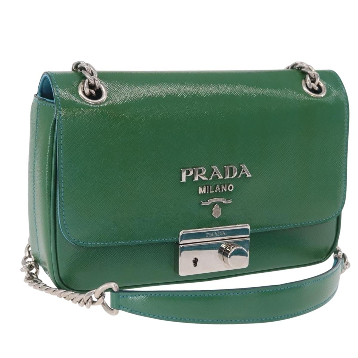 Prada Sound Chain Saffiano Leather Green Leather Shoulder Bag Bag (Pre-Owned)