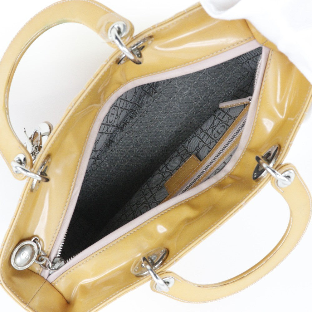 Christian Dior Lady Dior Cannage Quilt Metallic Leather Black Patent_Leather Handbag (Pre-Owned)