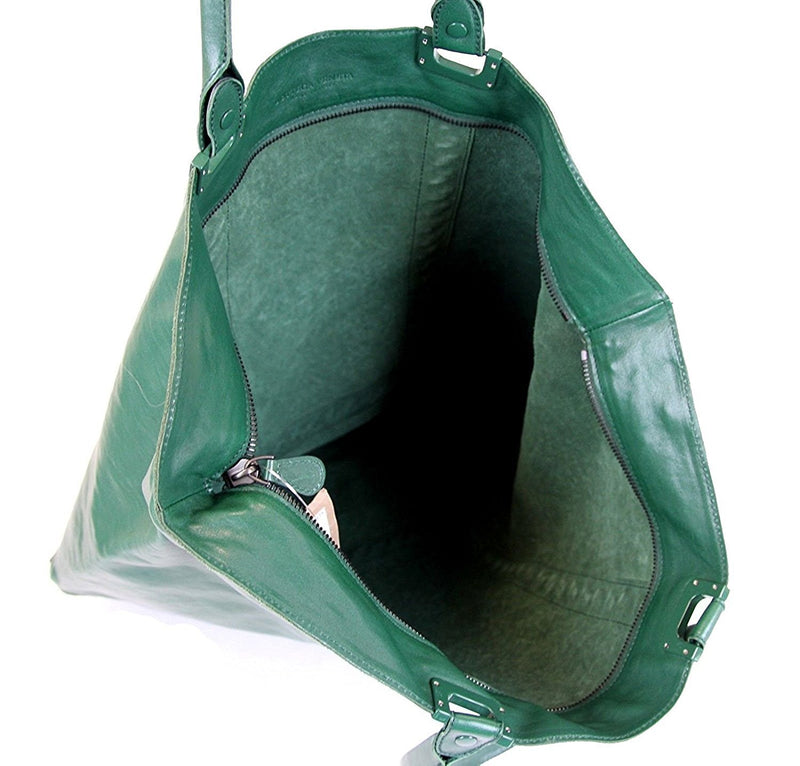 Bottega Veneta Unisex Green Leather Woven Detail Tote Bag