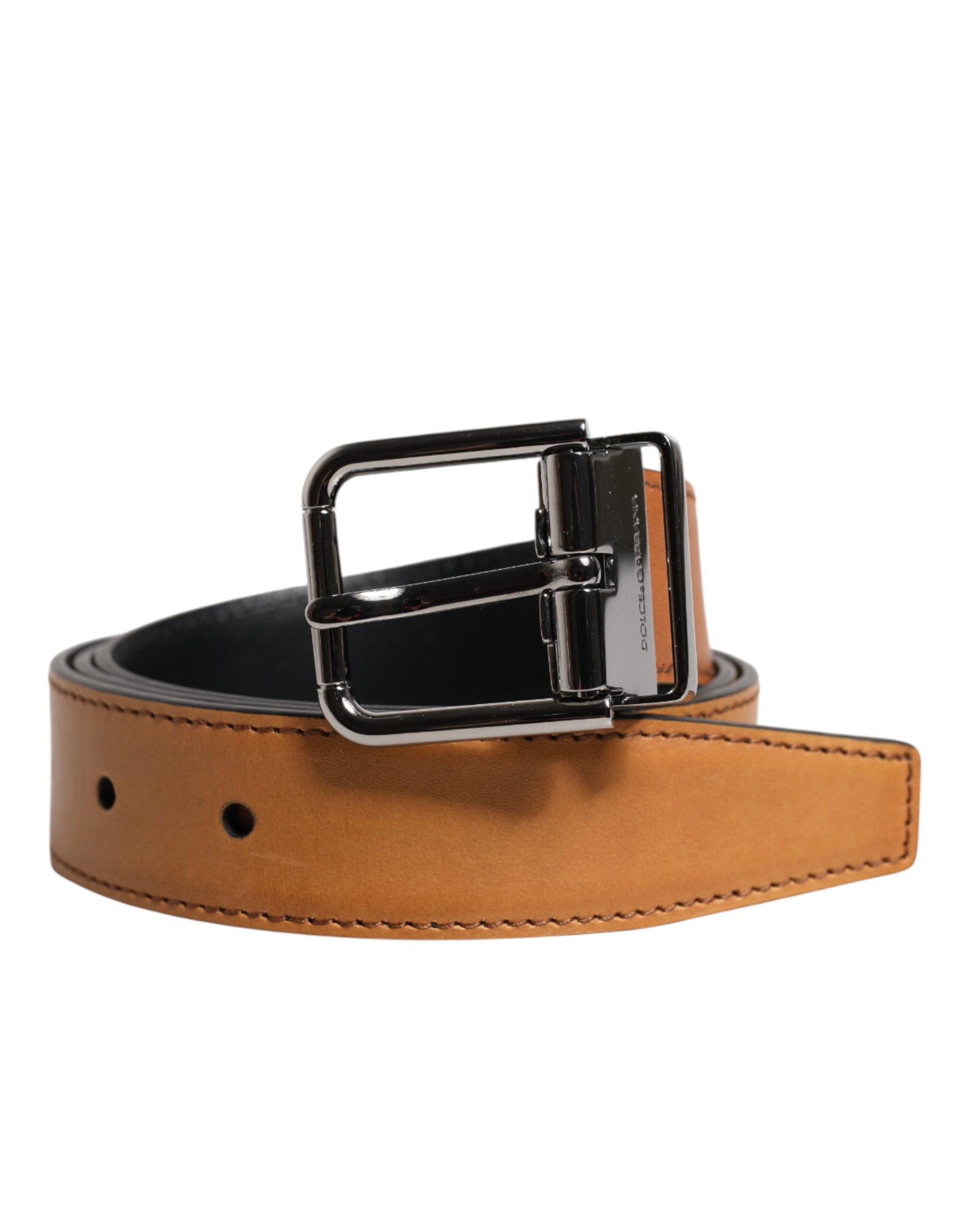Dolce & Gabbana Brown Classic Calf Leather Silver Buckle Men's Belt