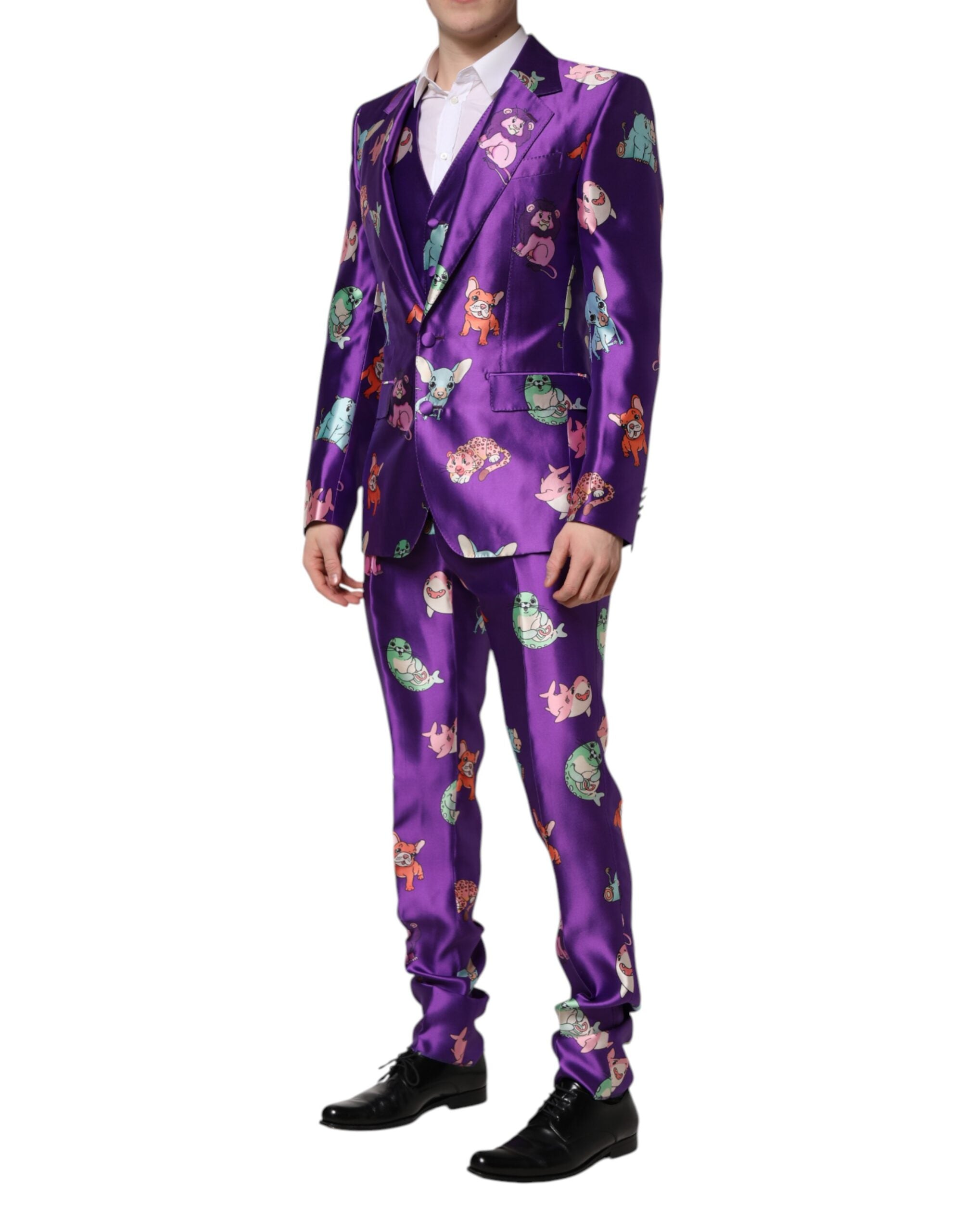 Dolce & Gabbana Purple Silk Animal Print 3 Piece Men's Suit
