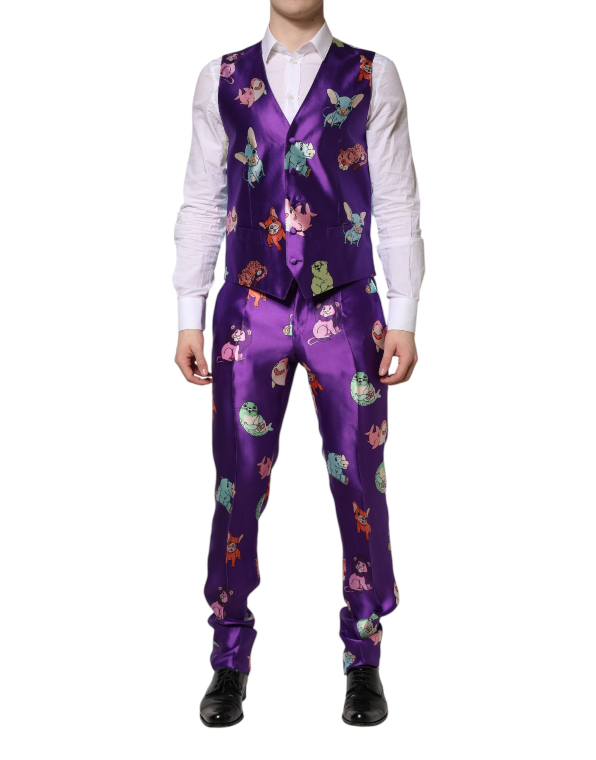 Dolce & Gabbana Purple Silk Animal Print 3 Piece Men's Suit
