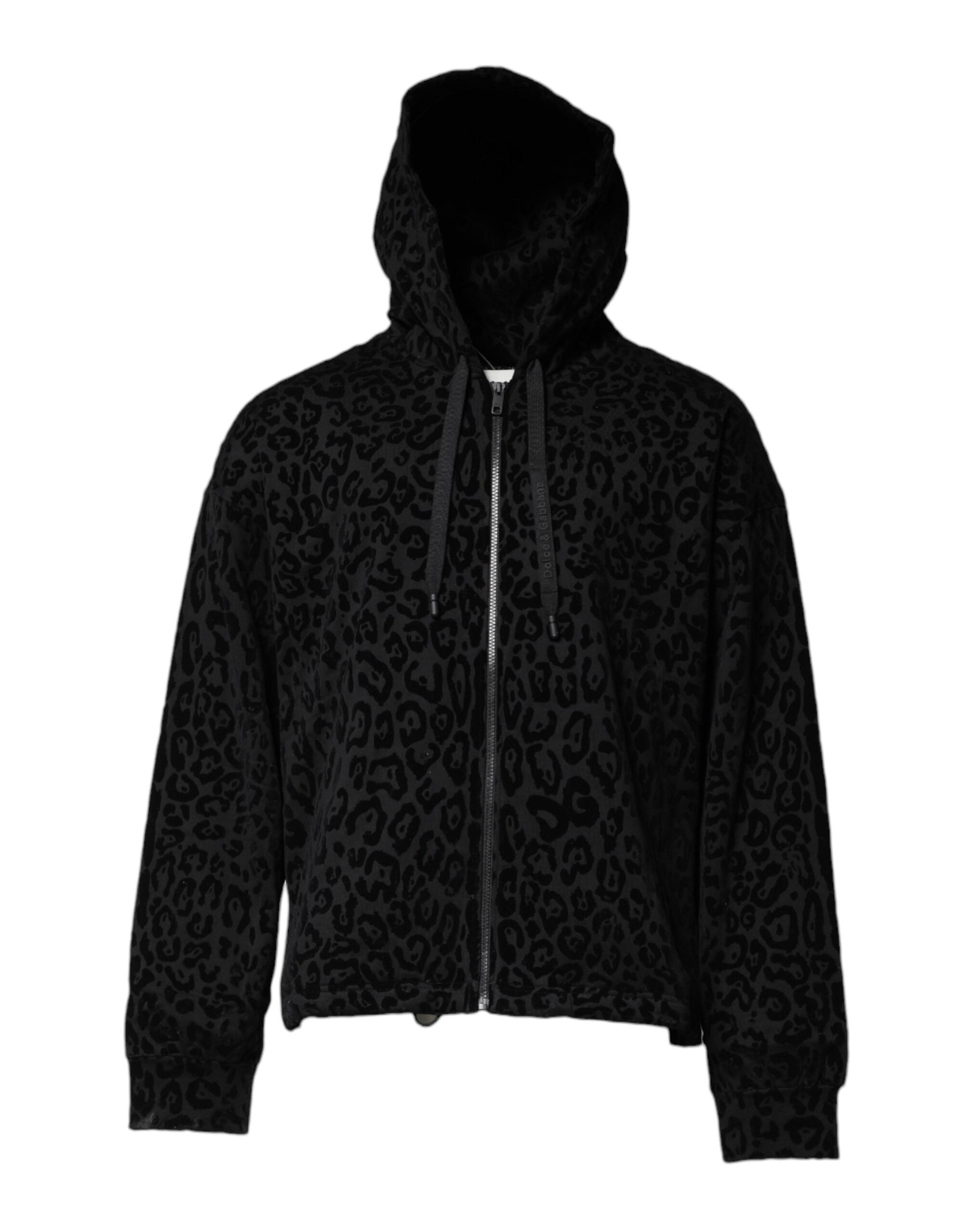 Dolce & Gabbana Black Leopard Full Zip Hooded Sweatshirt Men's Sweater