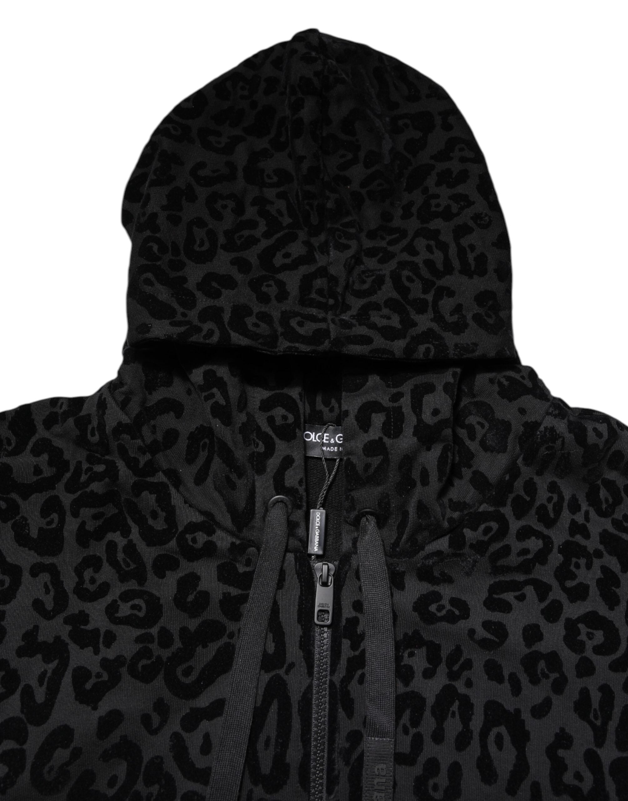 Dolce & Gabbana Black Leopard Full Zip Hooded Sweatshirt Men's Sweater