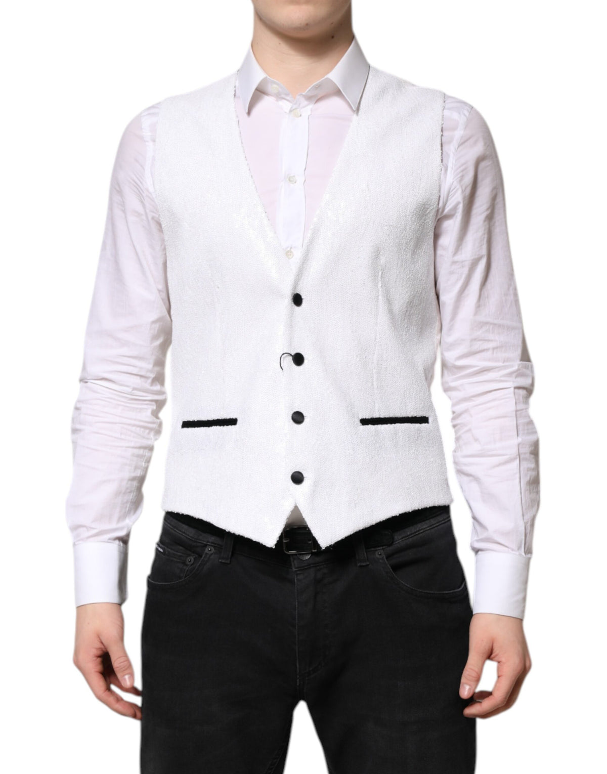 Dolce & Gabbana White Sequined Dress Formal Waistcoat Men's Vest