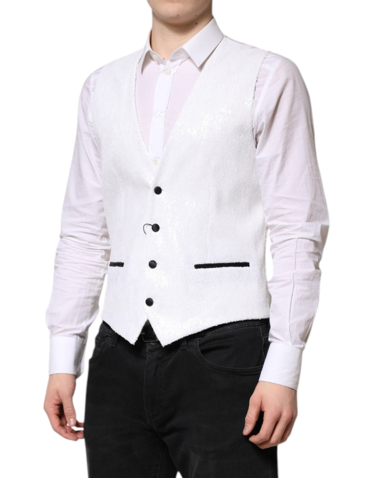 Dolce & Gabbana White Sequined Dress Formal Waistcoat Men's Vest