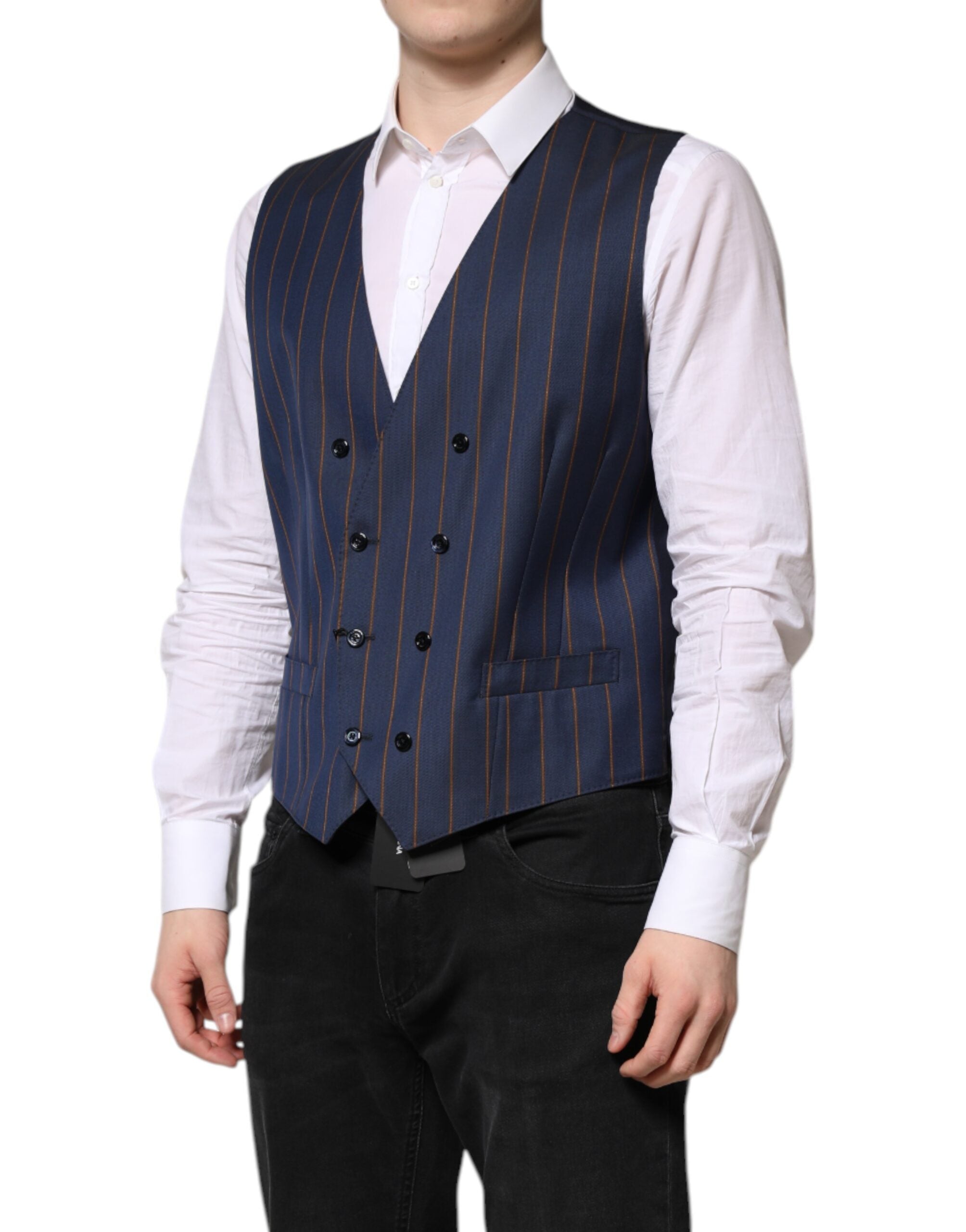 Dolce & Gabbana Blue Stripes Wool Formal Men Waistcoat Men's Vest