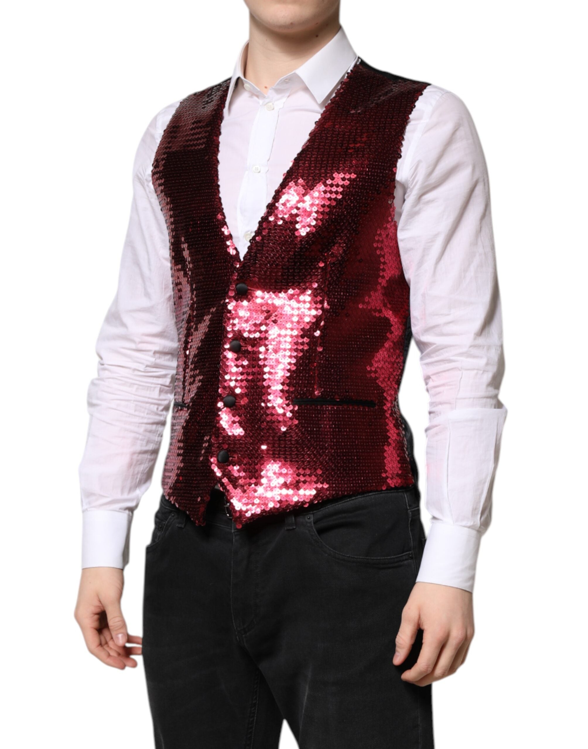 Dolce & Gabbana Red Sequined Dress Formal Men Waistcoat Men's Vest