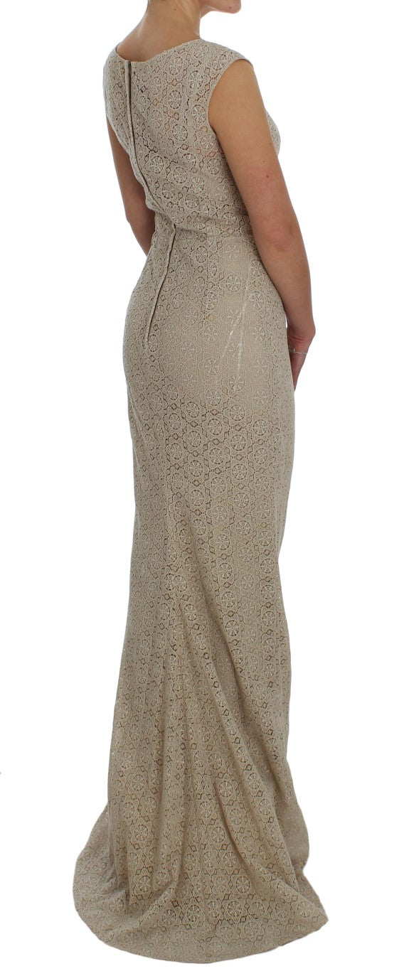 Dolce & Gabbana Beige Ricamo Cutout Cotton Sheath Women's Dress