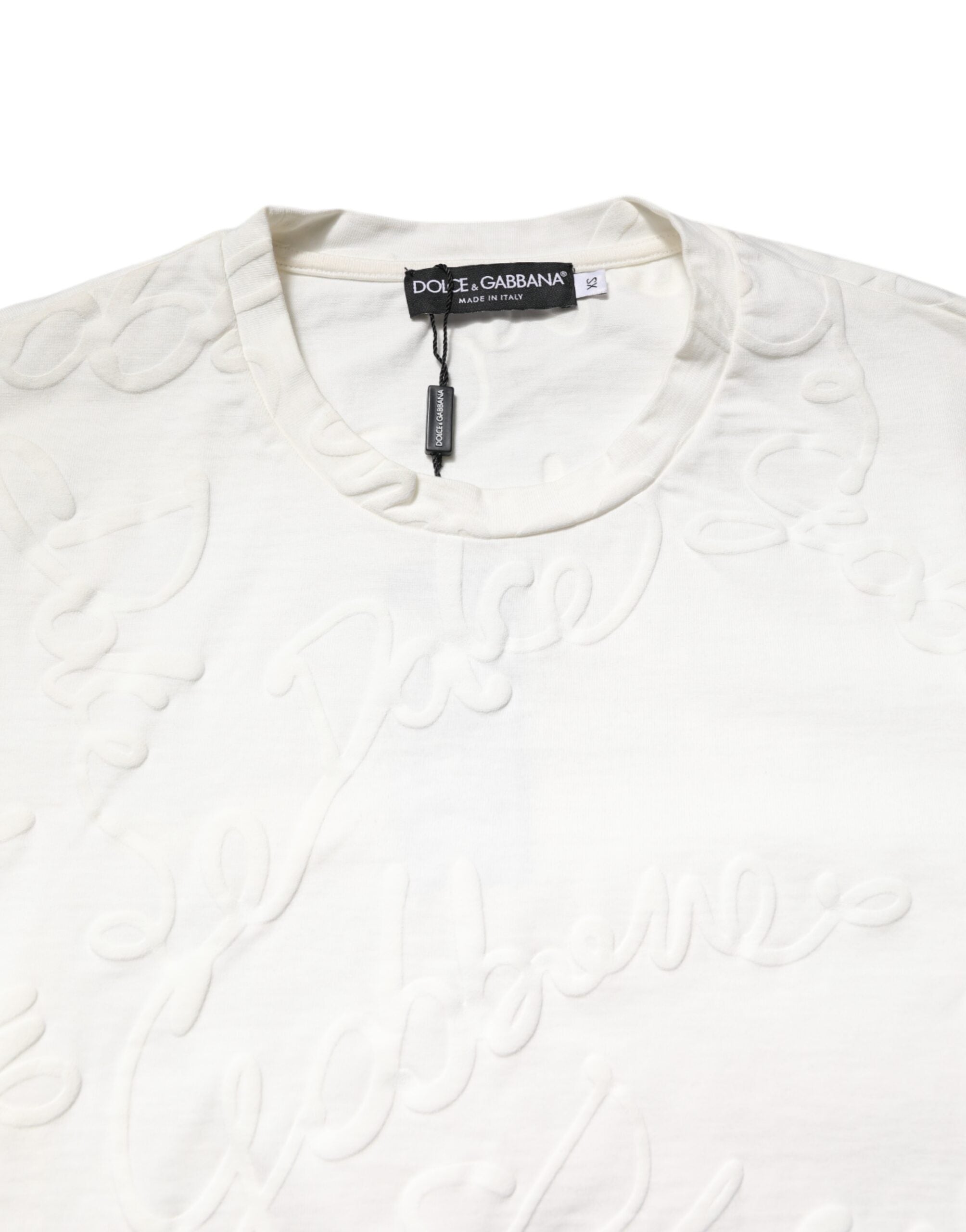 Dolce & Gabbana White Cotton Logo Embossed Crew Neck Men's T-shirt