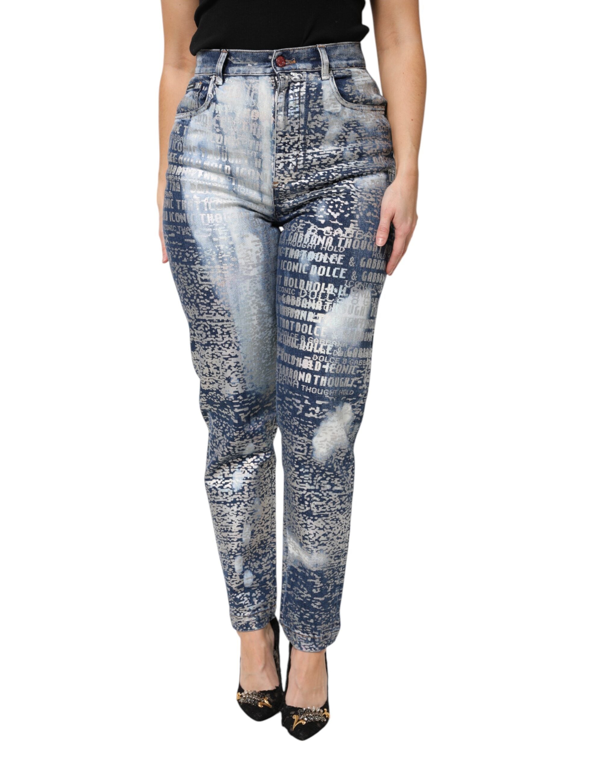 Dolce & Gabbana Blue Washed Print High Waist Denim Women's Jeans