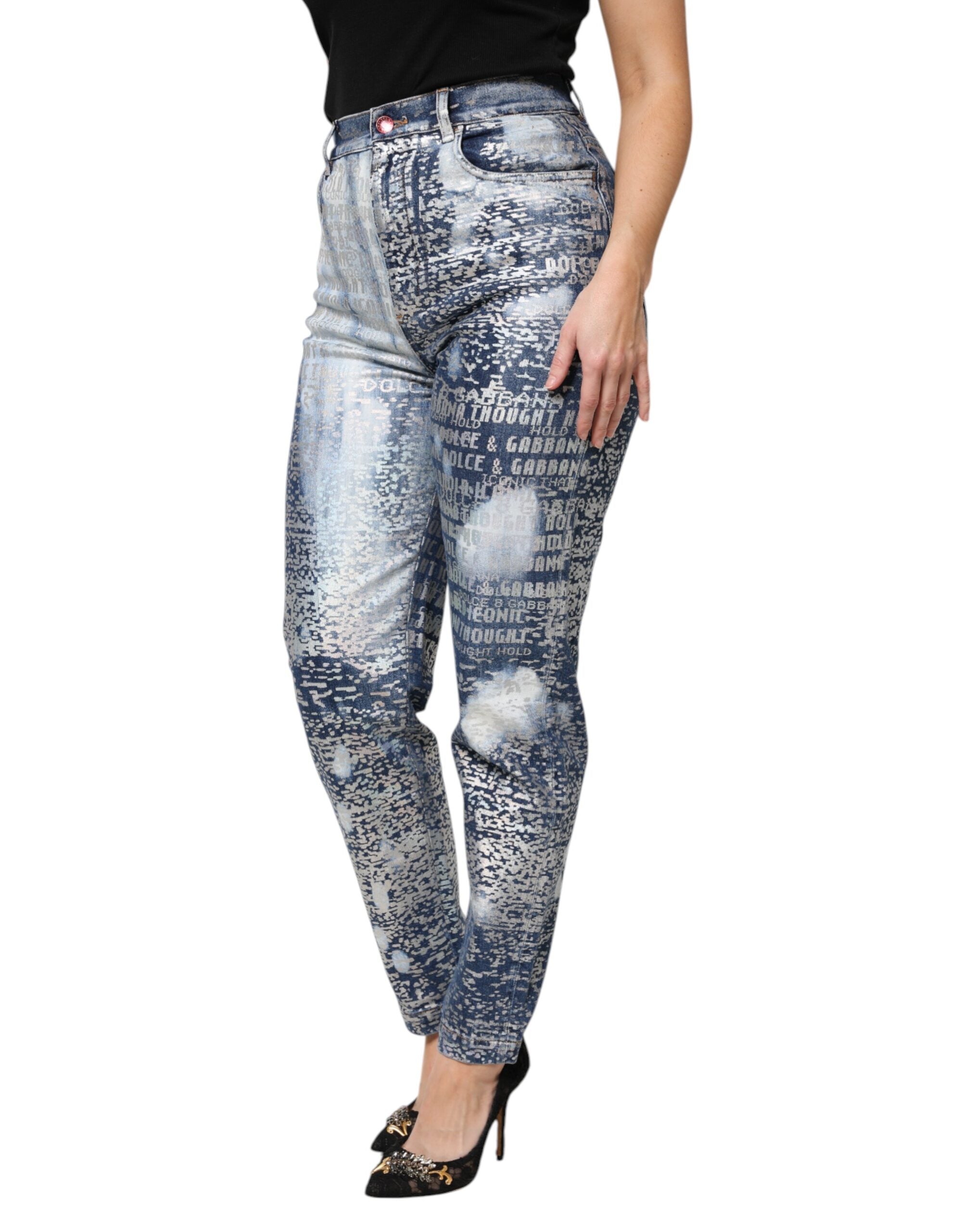 Dolce & Gabbana Blue Washed Print High Waist Denim Women's Jeans
